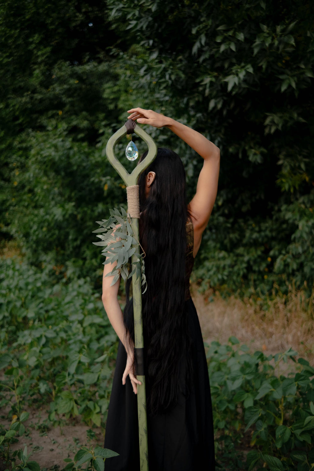 Crystal Of The Forest – Handmade Wooden Staff with Glass Crystal, Nature Staff for Cosplay