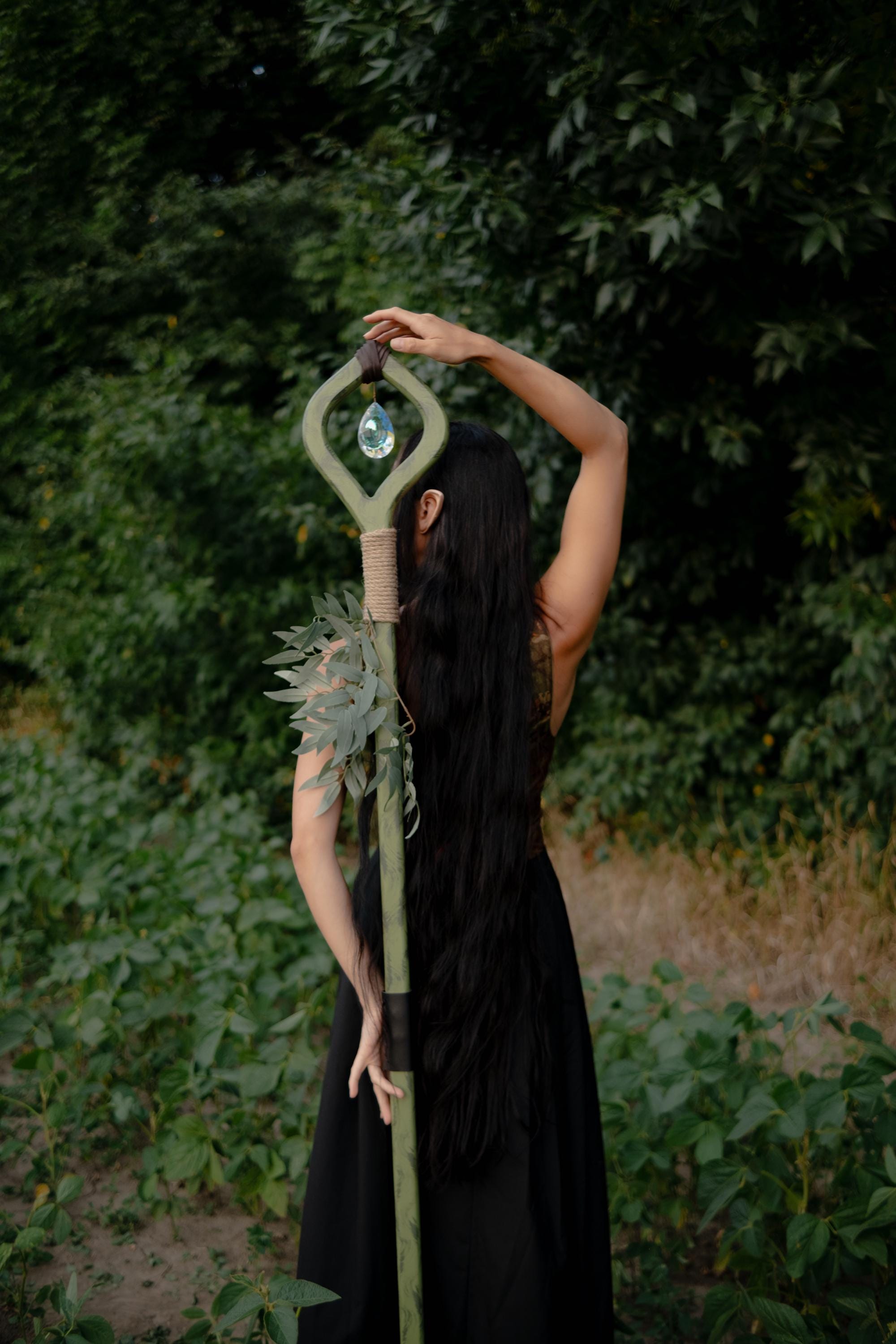 Crystal Of The Forest – Handmade Wooden Staff with Glass Crystal, Nature Staff for Cosplay