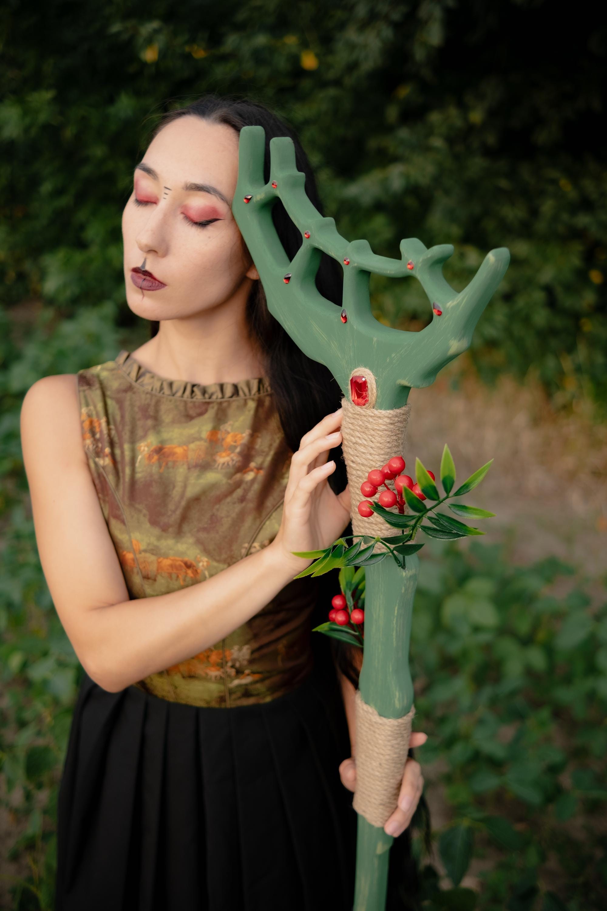Crown of the Forest  – Elven or Druid Wooden Staff with Antler Design and Red Gemstones for Cosplay