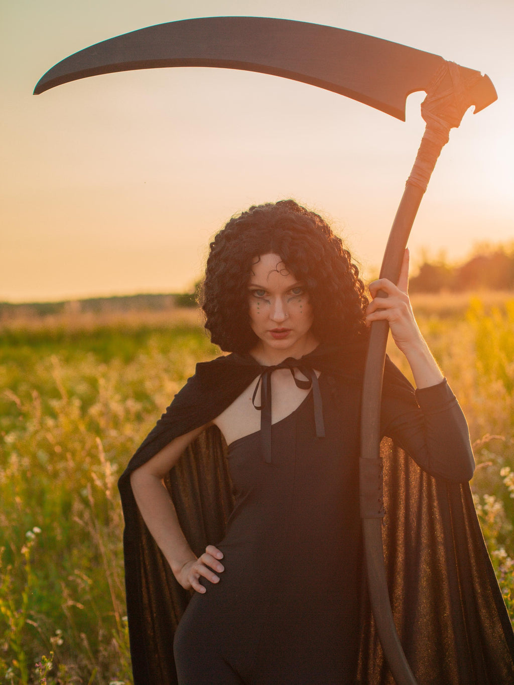 Harvest of Souls Scythe Staff – Handcrafted Wooden Fantasy Prop, Grim Reaper Magical Staff, Dark Sorcerer or Necromancer Decor