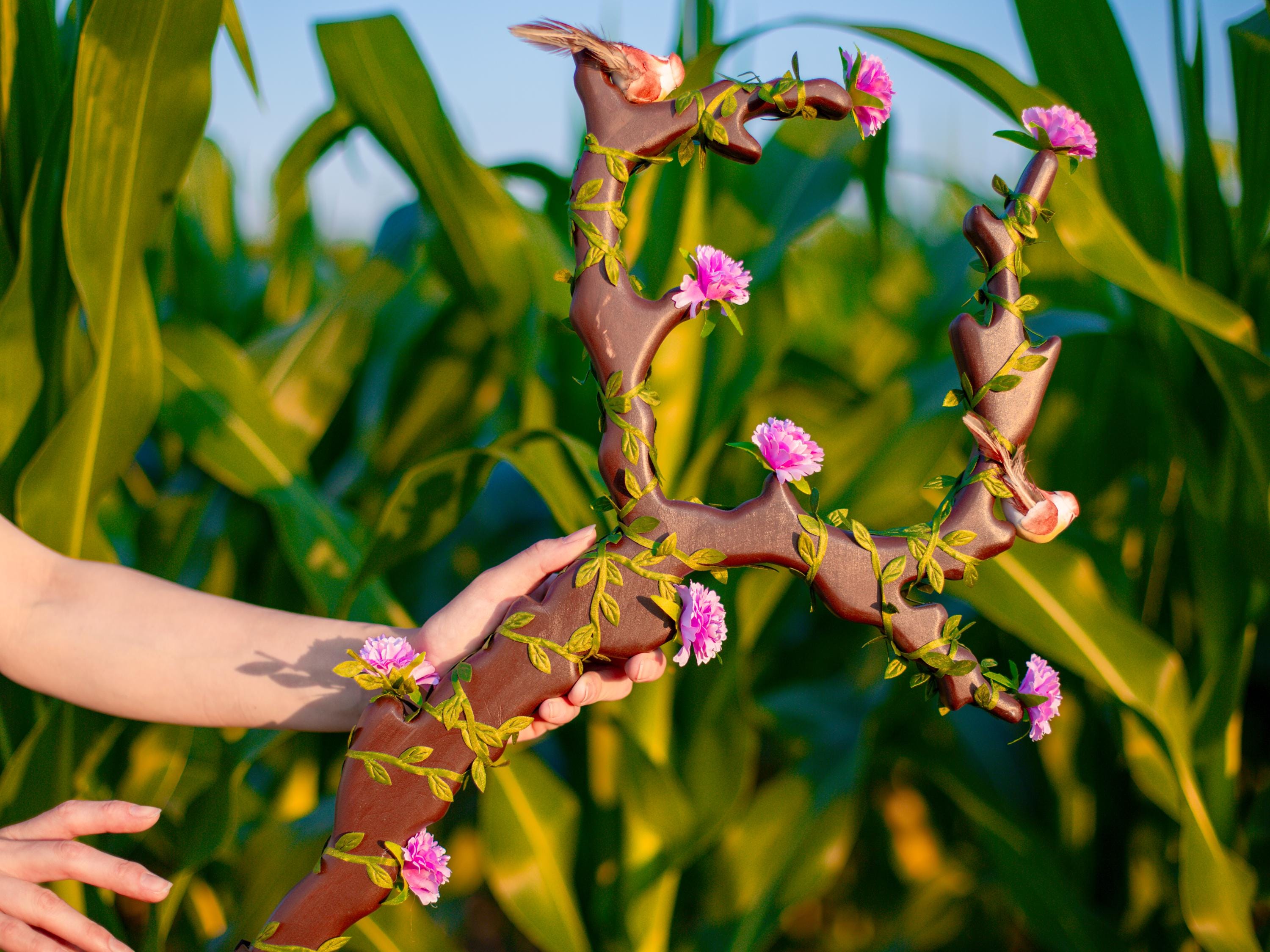 A Blossoming Symphony of Birds and Flowers — The Birdsong Elf Staff, Flower Fantasy Forest Wand, Elven Art