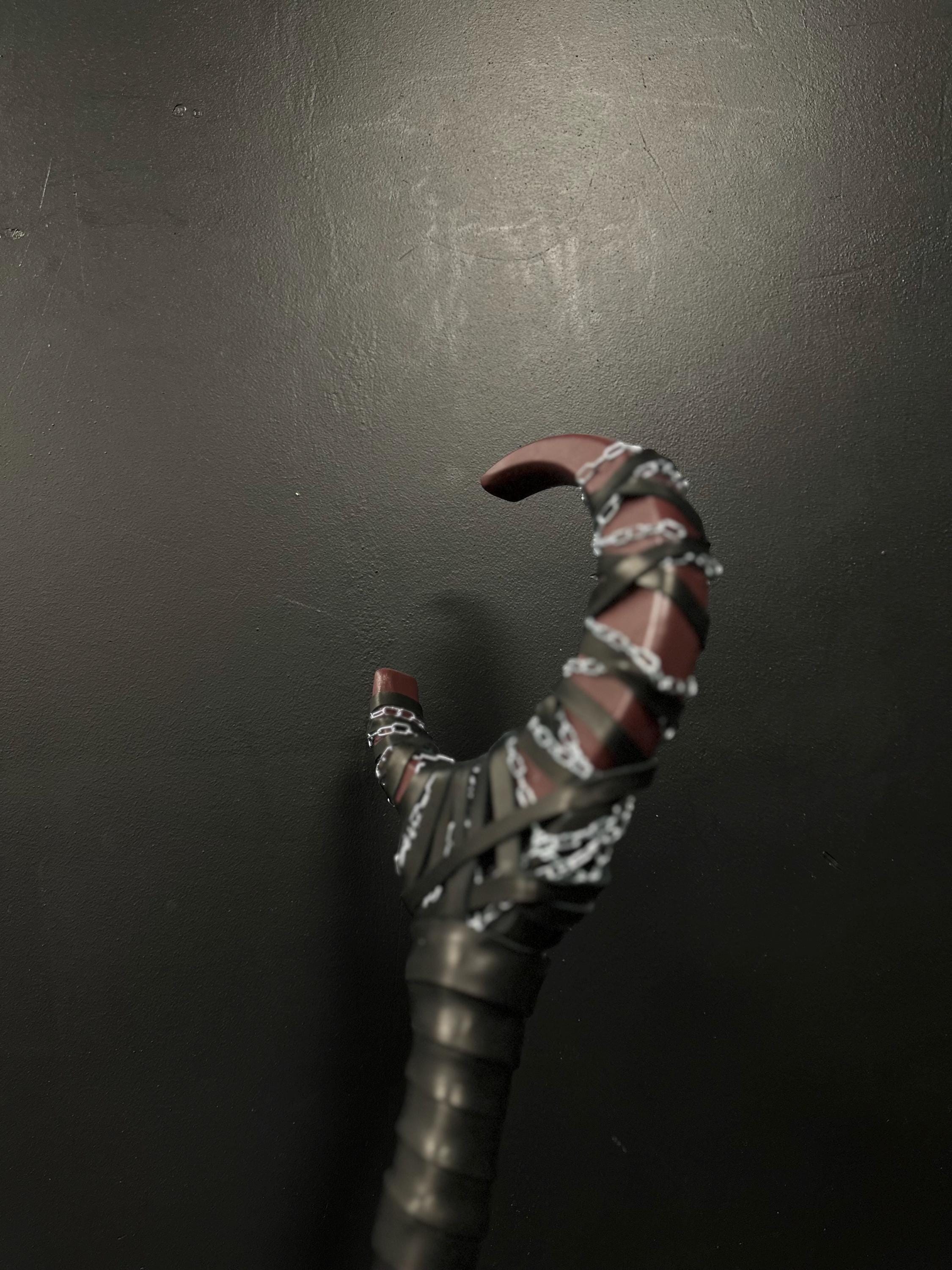 Dark Plum Shadow Moon Staff with Chain – Handcrafted Wizard Prop, Wiccan Cosplay Wand, Mystic Alder Wood Accessory