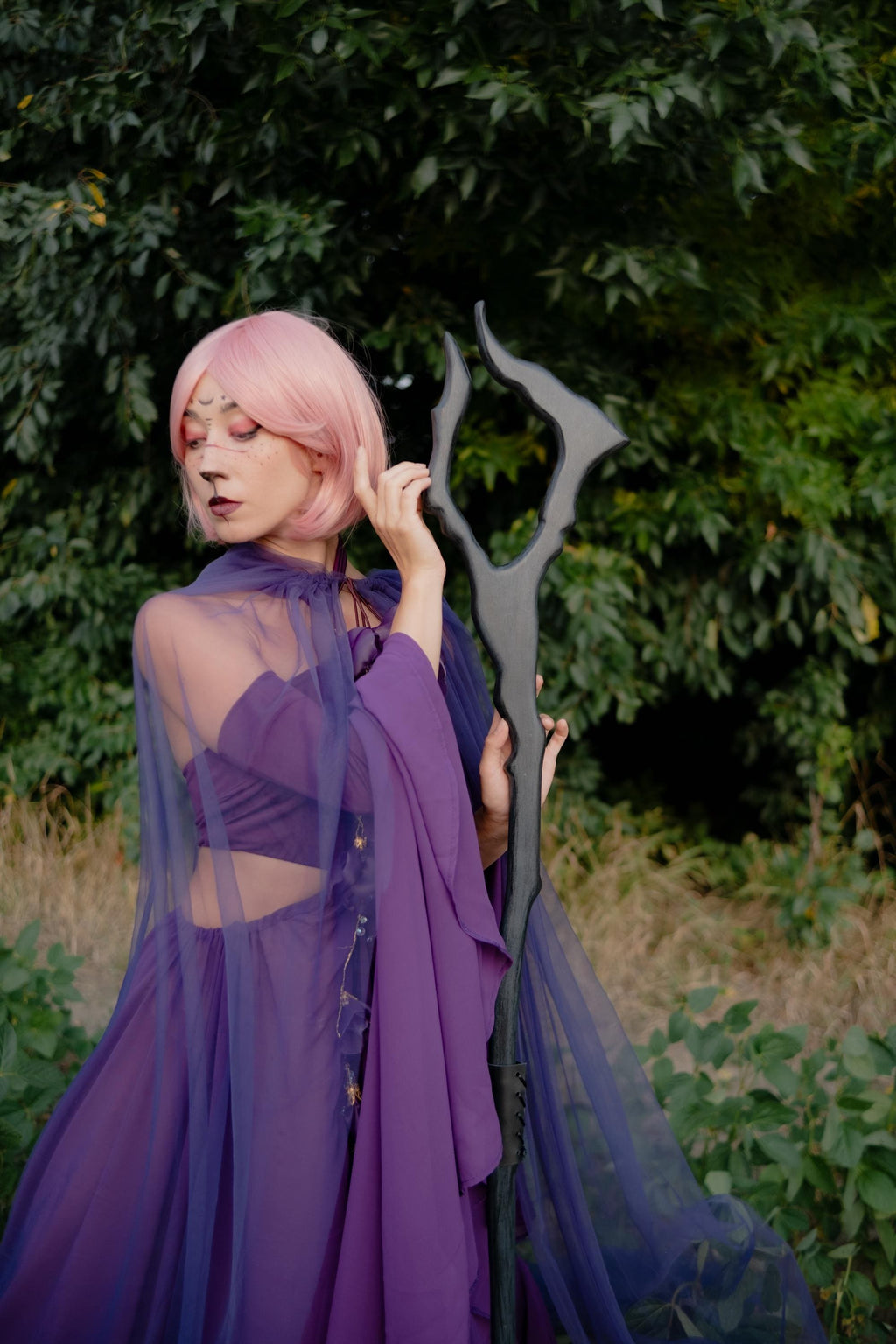 Dark Antler Staff – Wooden Fantasy Cosplay Prop, Druid Elf Mage Costume Staff,