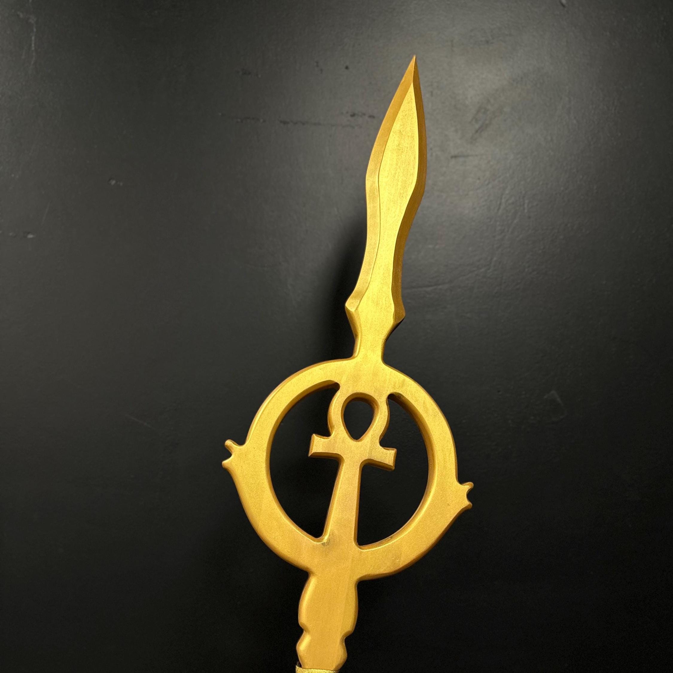 The Pharaoh’s Sun Spear – Handcrafted Wooden Egyptian Prop, Pharaoh Ritual Cane, Ancient Symbol Decor, Fantasy Costume Accessory, Ankh