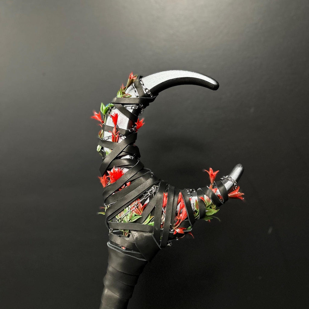 Blooming Nightshade Moon Staff – Wooden Fantasy Cosplay Staff, Silver Moon Color with Red Bellflower, Handcrafted Wizard Staff