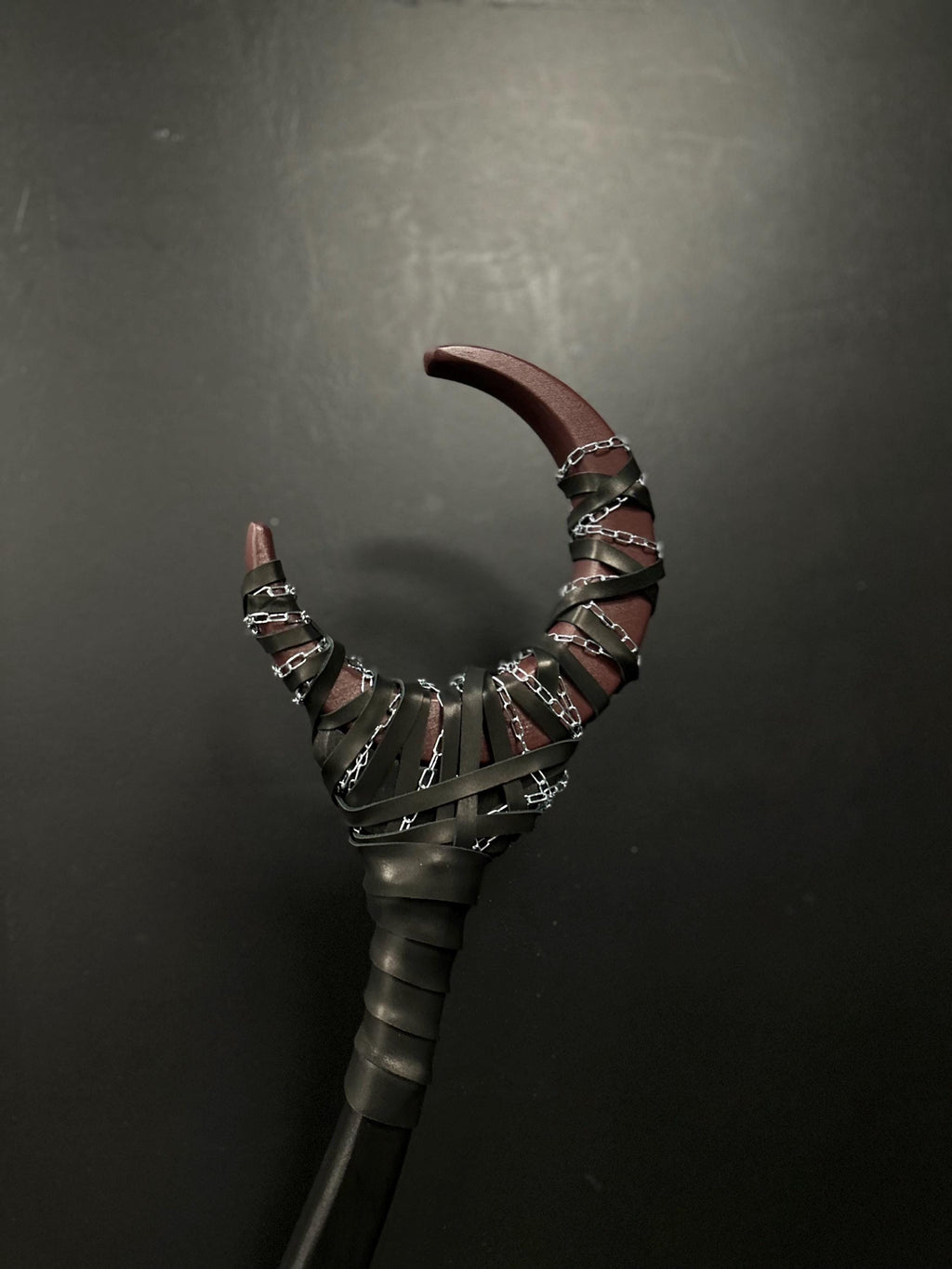 Dark Plum Shadow Moon Staff with Chain – Handcrafted Wizard Prop, Wiccan Cosplay Wand, Mystic Alder Wood Accessory