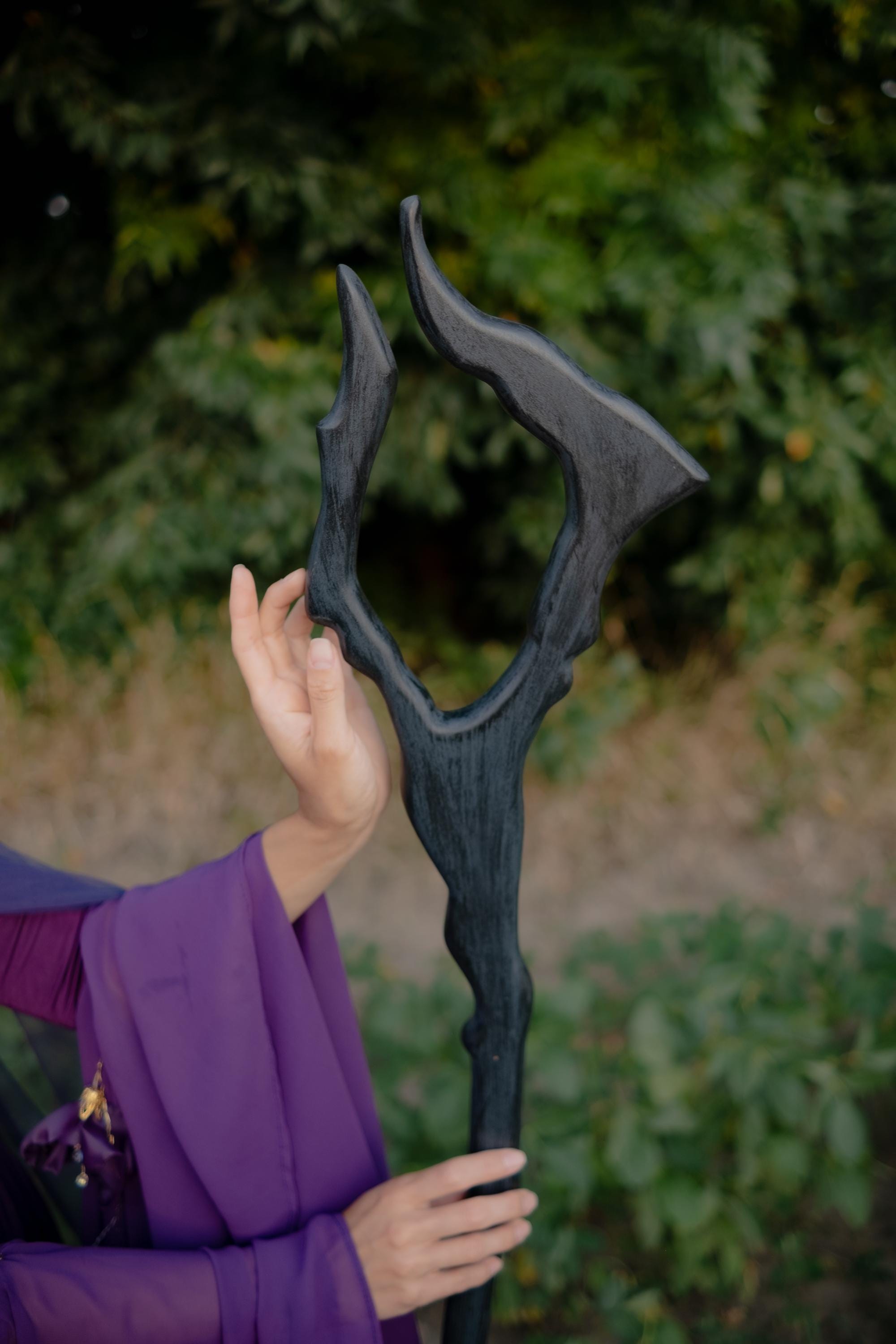 Dark Antler Staff – Wooden Fantasy Cosplay Prop, Druid Elf Mage Costume Staff,