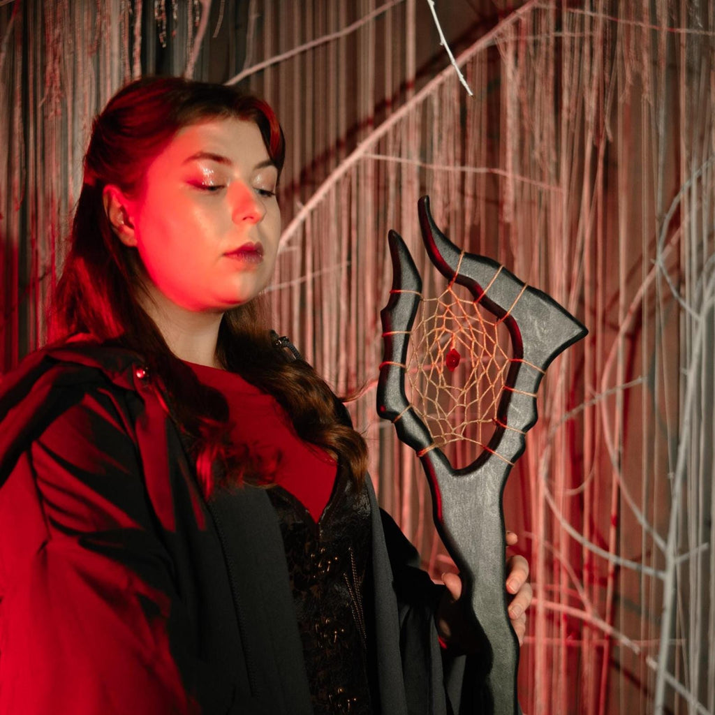 Witch Staff  – The Witch's Snare, Crimson Web Staff, Handcrafted Wooden Fantasy Prop with Dreamcatcher Center, Arcane-Themed Characters