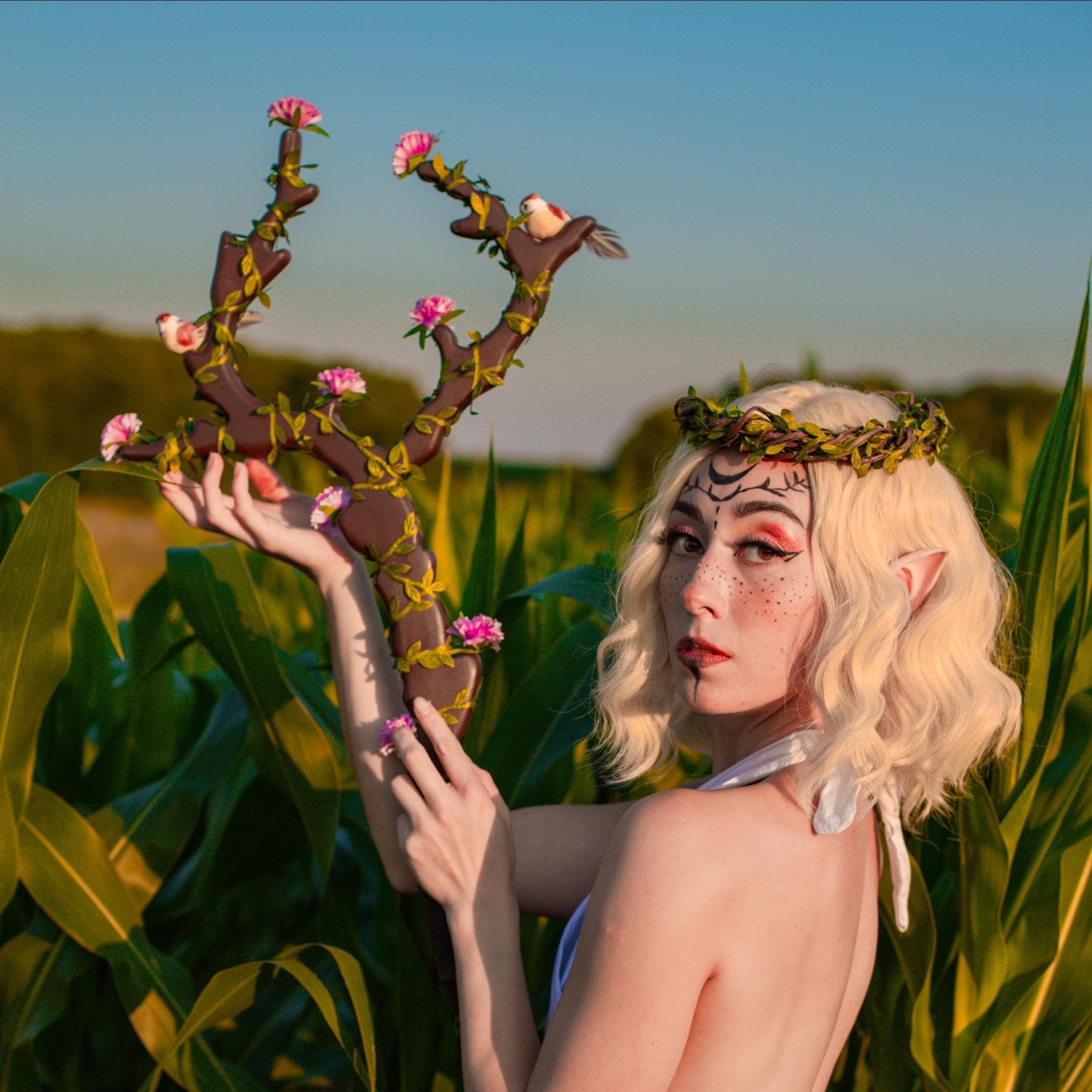 A Blossoming Symphony of Birds and Flowers — The Birdsong Elf Staff, Flower Fantasy Forest Wand, Elven Art