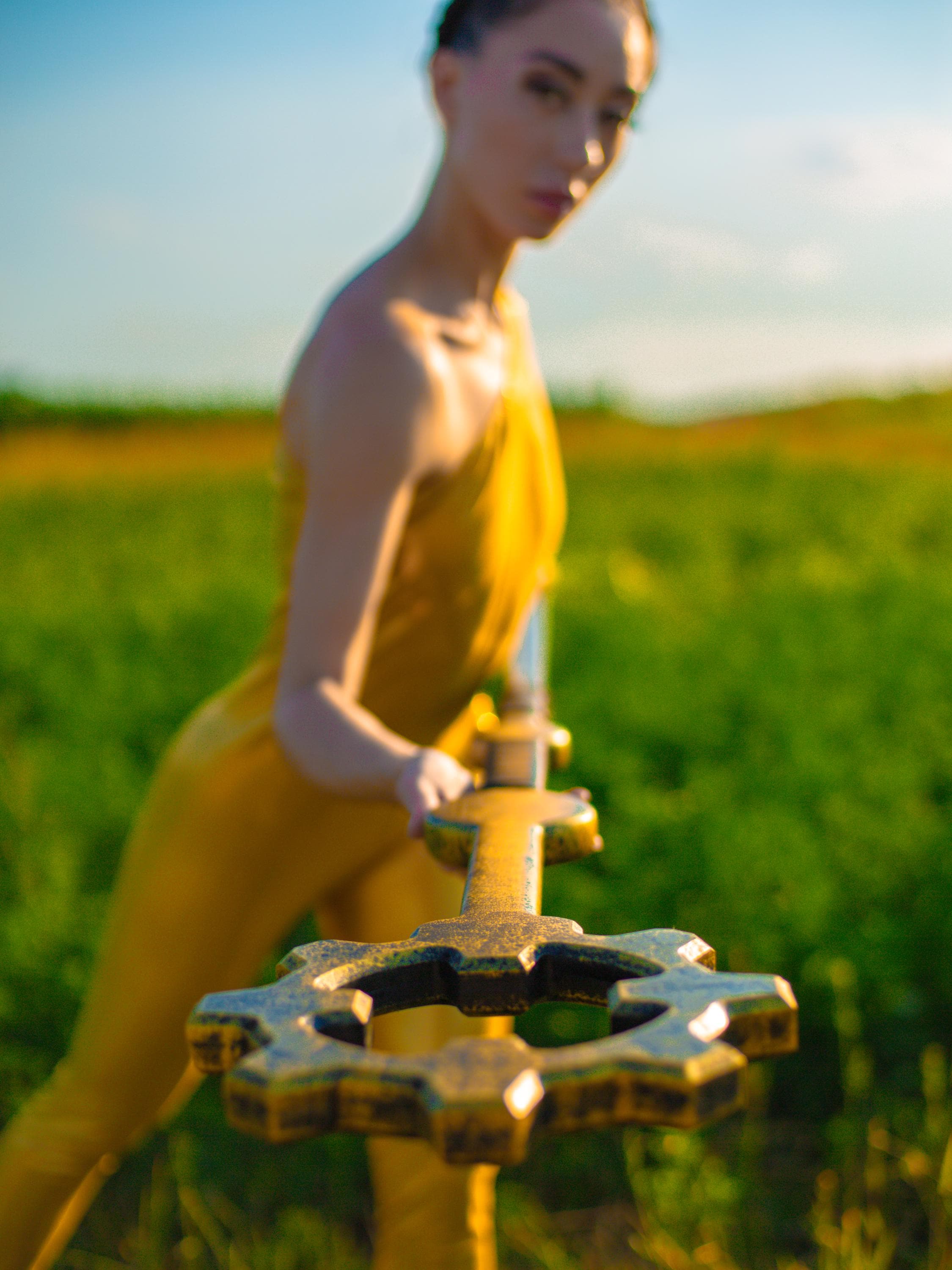 Solar Luminary Staff – Handmade Golden Wooden Staff, Fantasy Prop, Druid Walking Stick, Mystic Light Totem