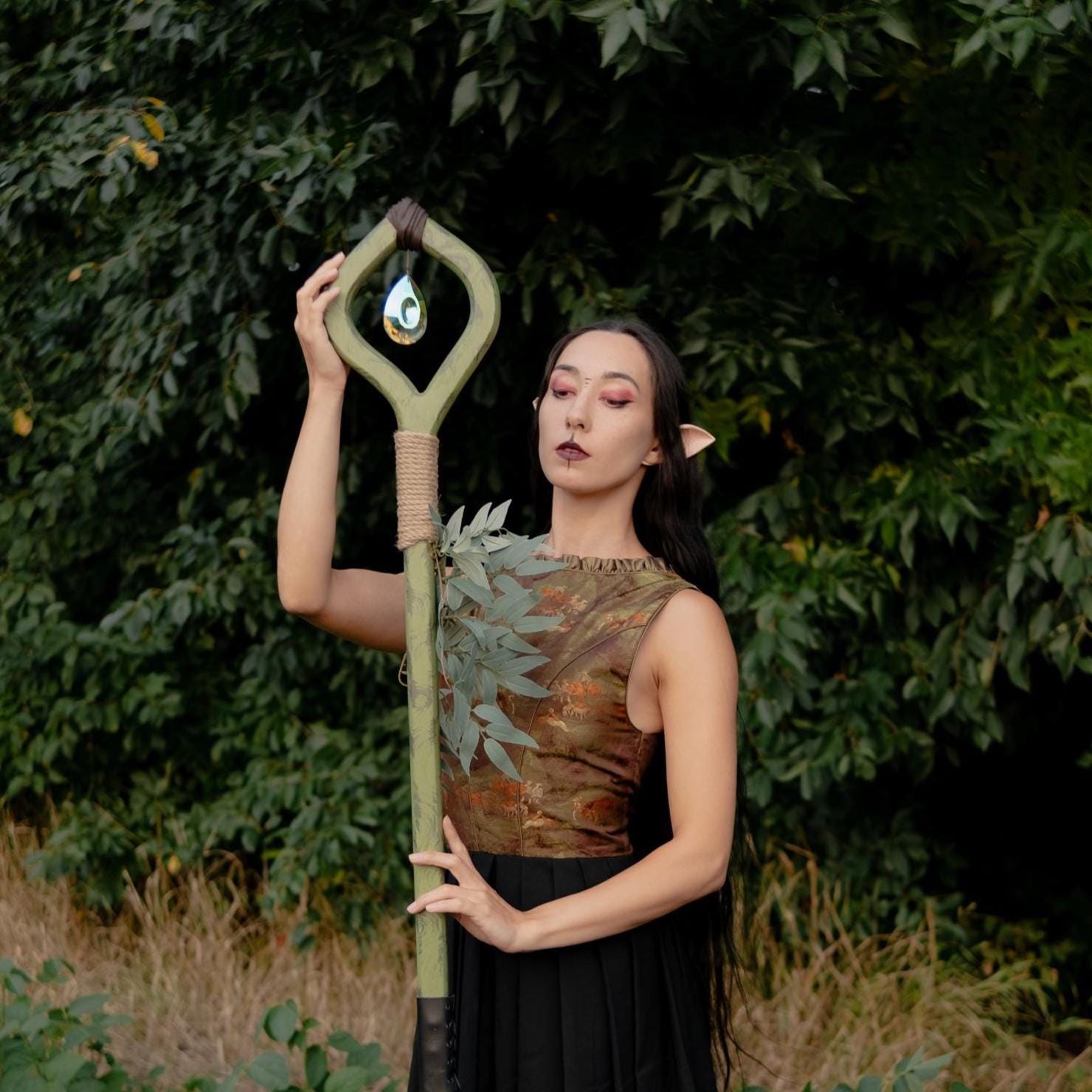 Crystal Of The Forest – Handmade Wooden Staff with Glass Crystal, Nature Staff for Cosplay
