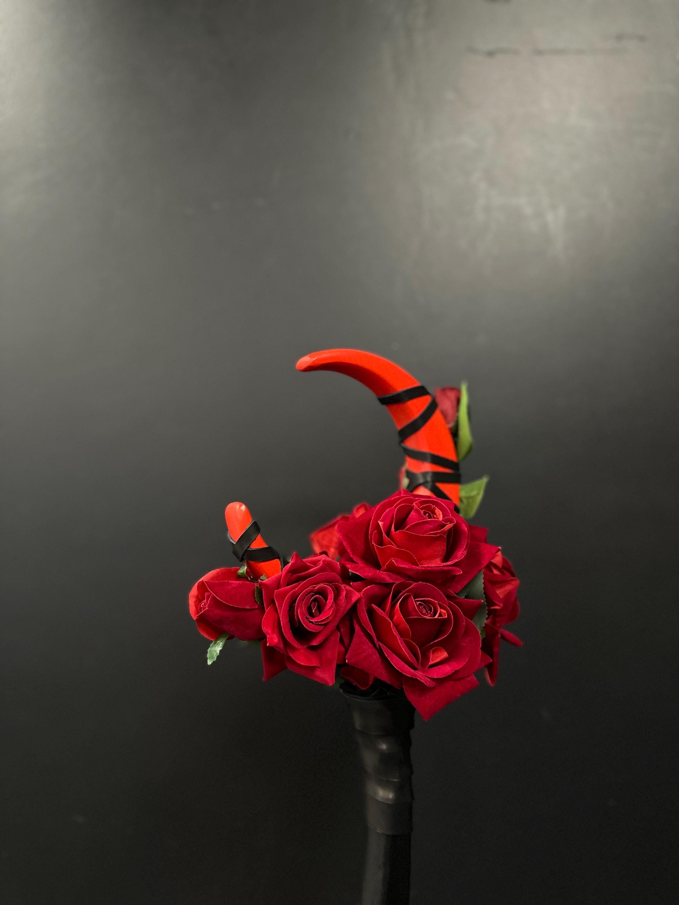 Blood Rose Crescent Moon Staff – Crimson Bloom Red or Burgundy color, Wooden Wizard Wand, Handmade Fantasy Prop, Decorative Alder Staff