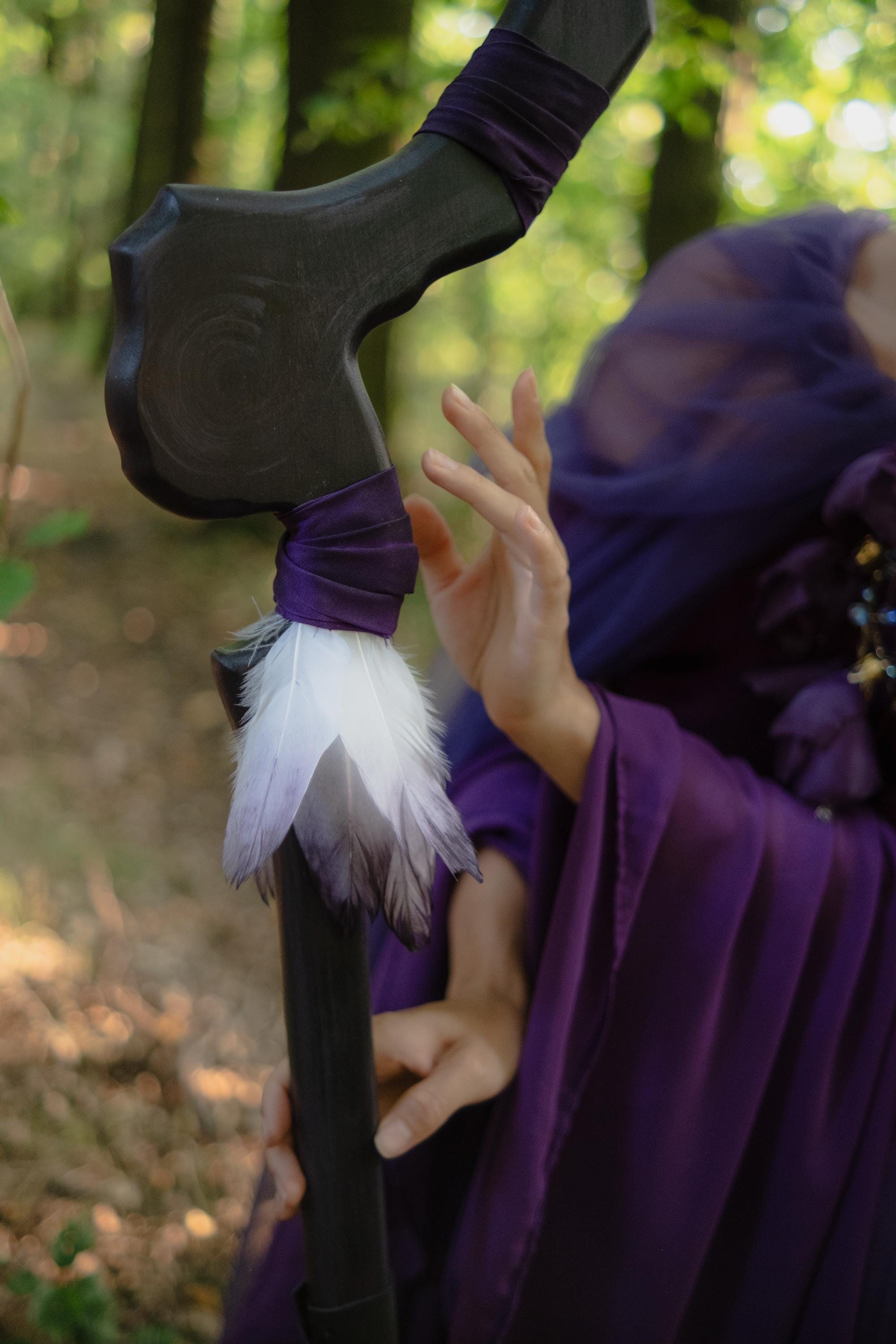 Whisper of the Void Wooden Staff - Dark Fantasy Wizard Staff, Purple Mage Prop, Witchcraft Cosplay Cane with Feathers