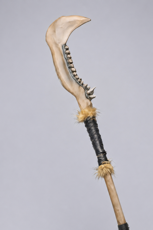 sculptural fantasy decor piece created with bone-style jaw details, decorative 3D-printed teeth, faux fur accents and a leather-wrapped handle.