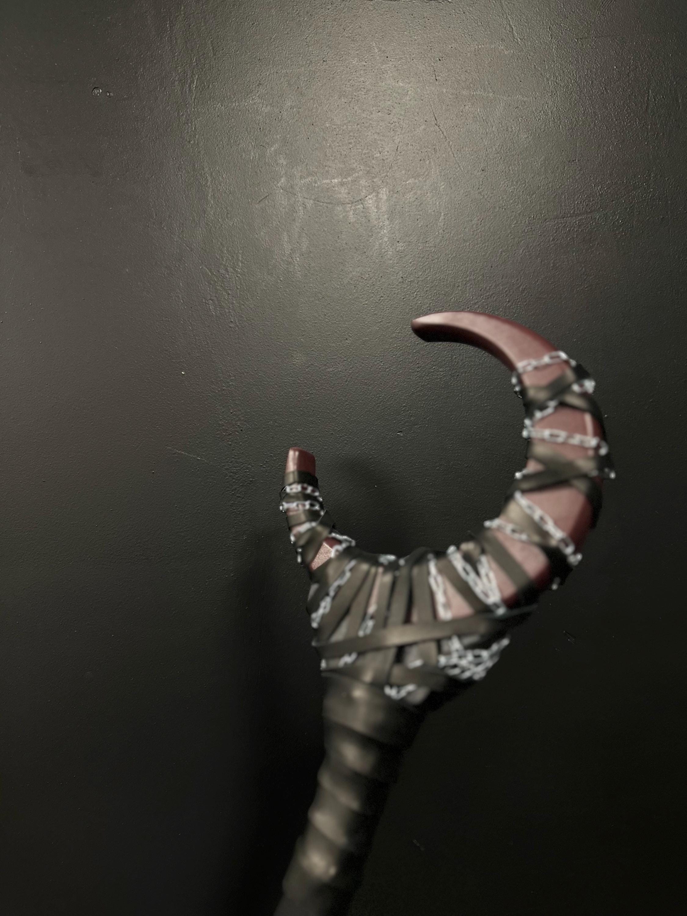 Dark Plum Shadow Moon Staff with Chain – Handcrafted Wizard Prop, Wiccan Cosplay Wand, Mystic Alder Wood Accessory