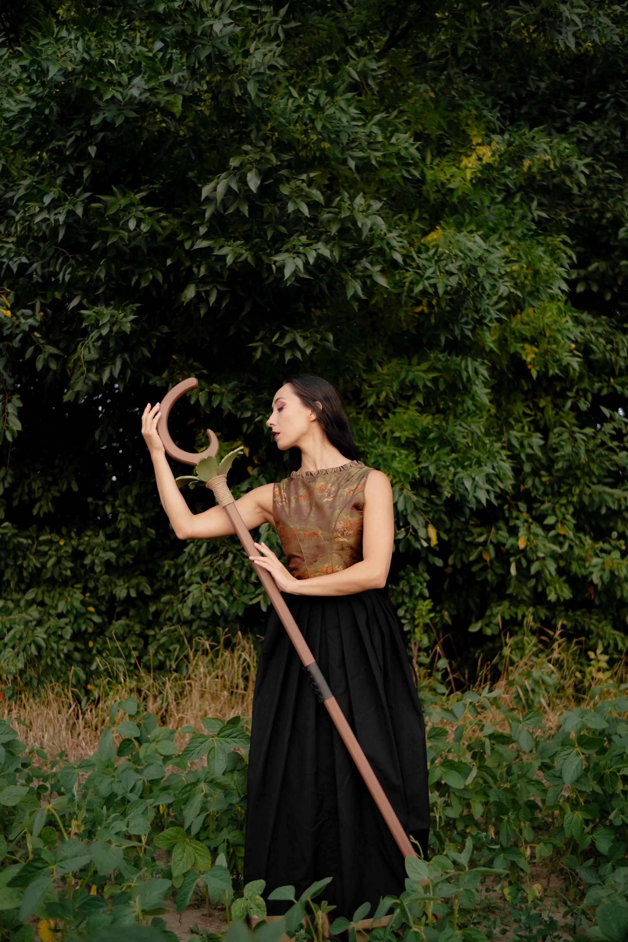 Petal Crescent - Druid Staff with EVA Foam Leaves – Handmade Wooden Nature Staff for Cosplay