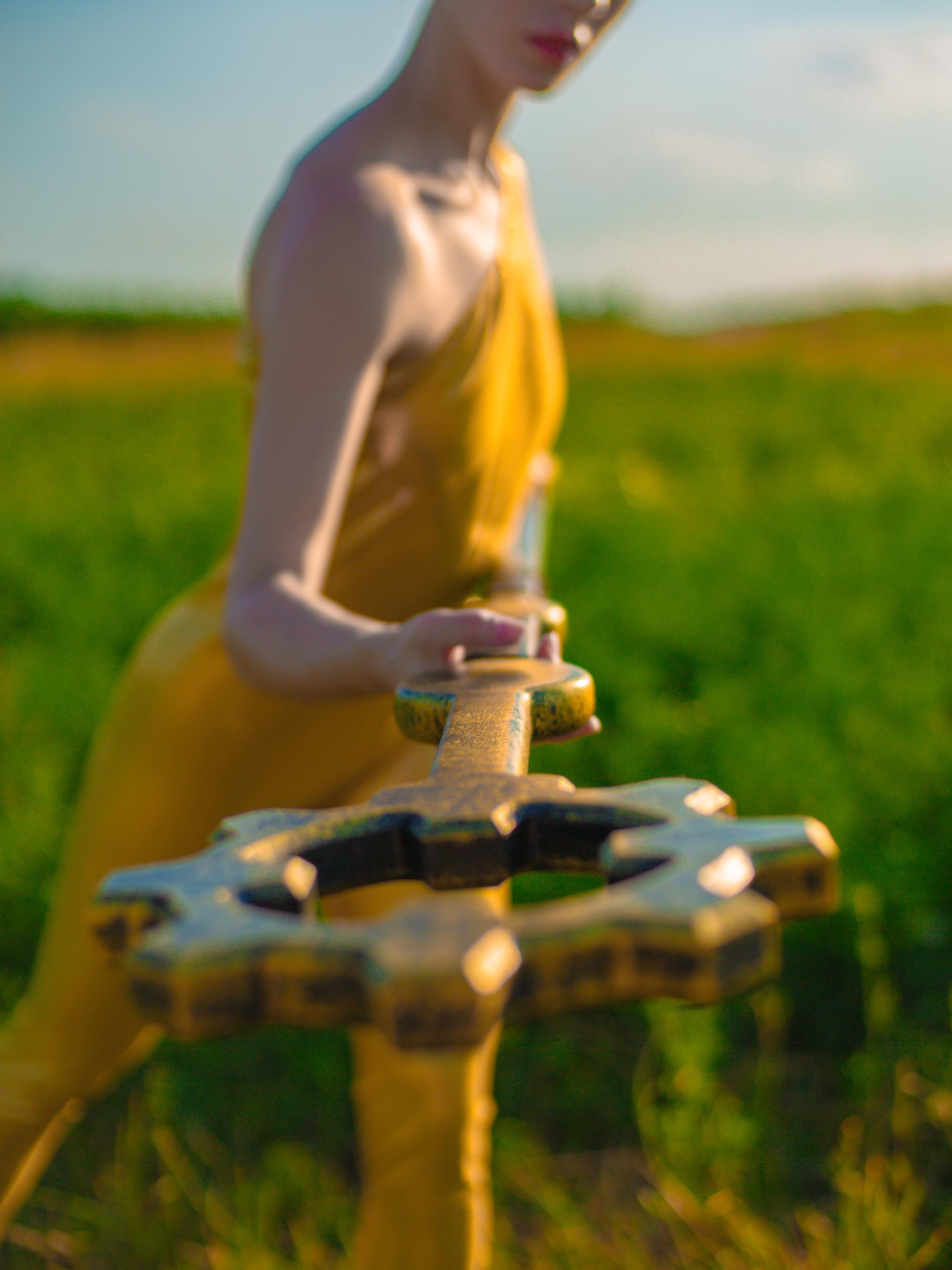 Solar Luminary Staff – Handmade Golden Wooden Staff, Fantasy Prop, Druid Walking Stick, Mystic Light Totem