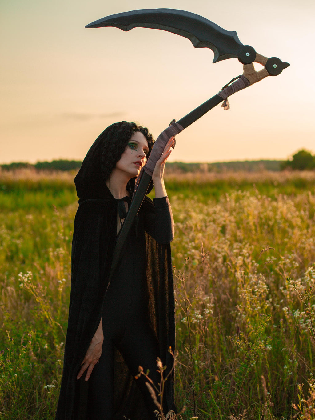 Scythe – Dark Crescent Wooden Black Staff – Handcrafted Fantasy Prop, Reaper, Gothic Fantasy Art Decor, Mystic Sorcerer Accessory