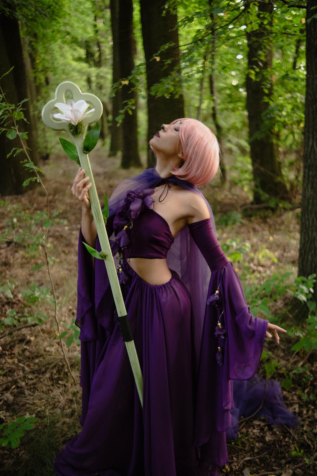 Lily Bloom Staff – Mint White Handmade Wooden Fantasy Cosplay Prop, Elf Druid Staff with Moss Accents