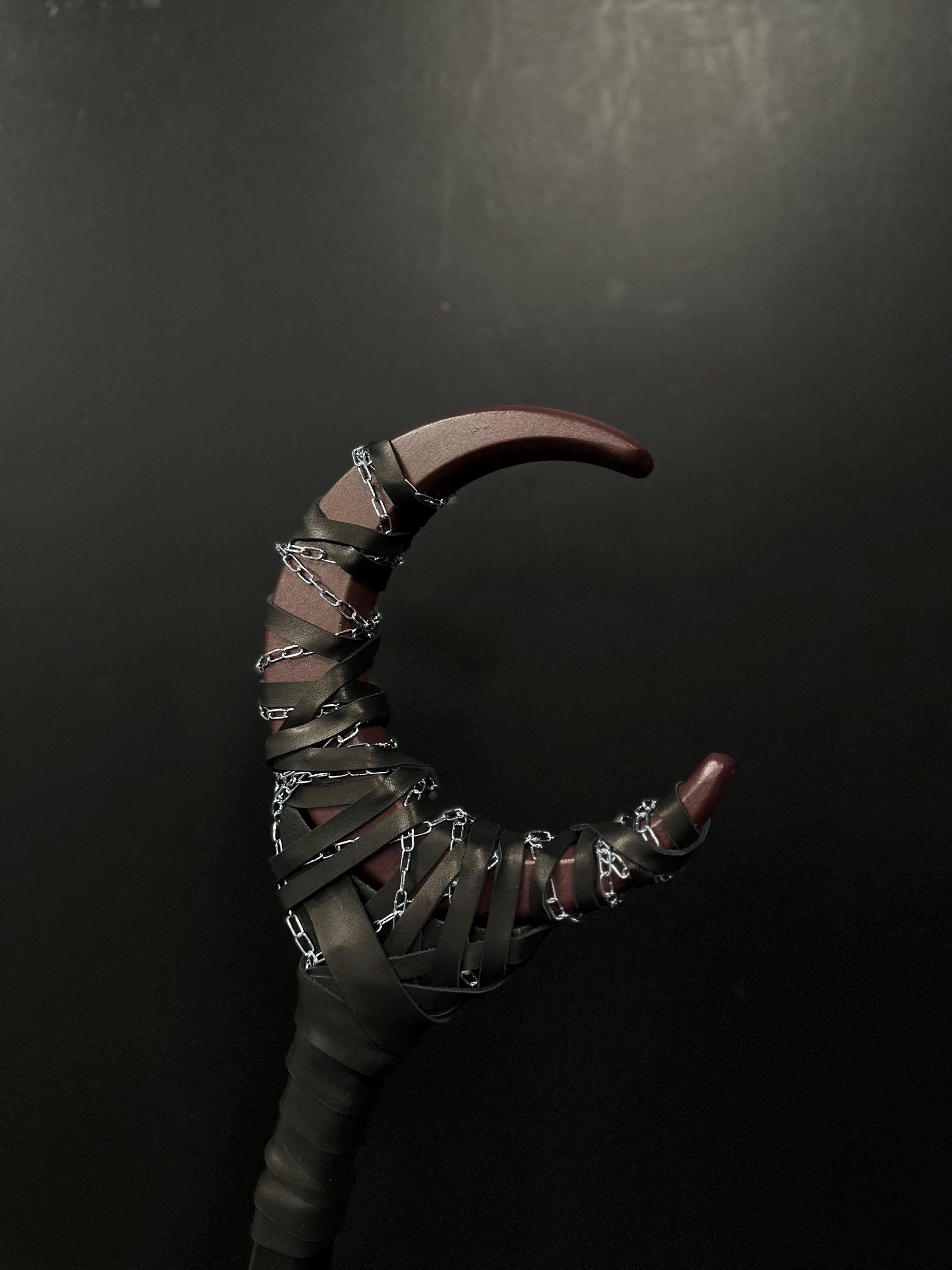 Dark Plum Shadow Moon Staff with Chain – Handcrafted Wizard Prop, Wiccan Cosplay Wand, Mystic Alder Wood Accessory