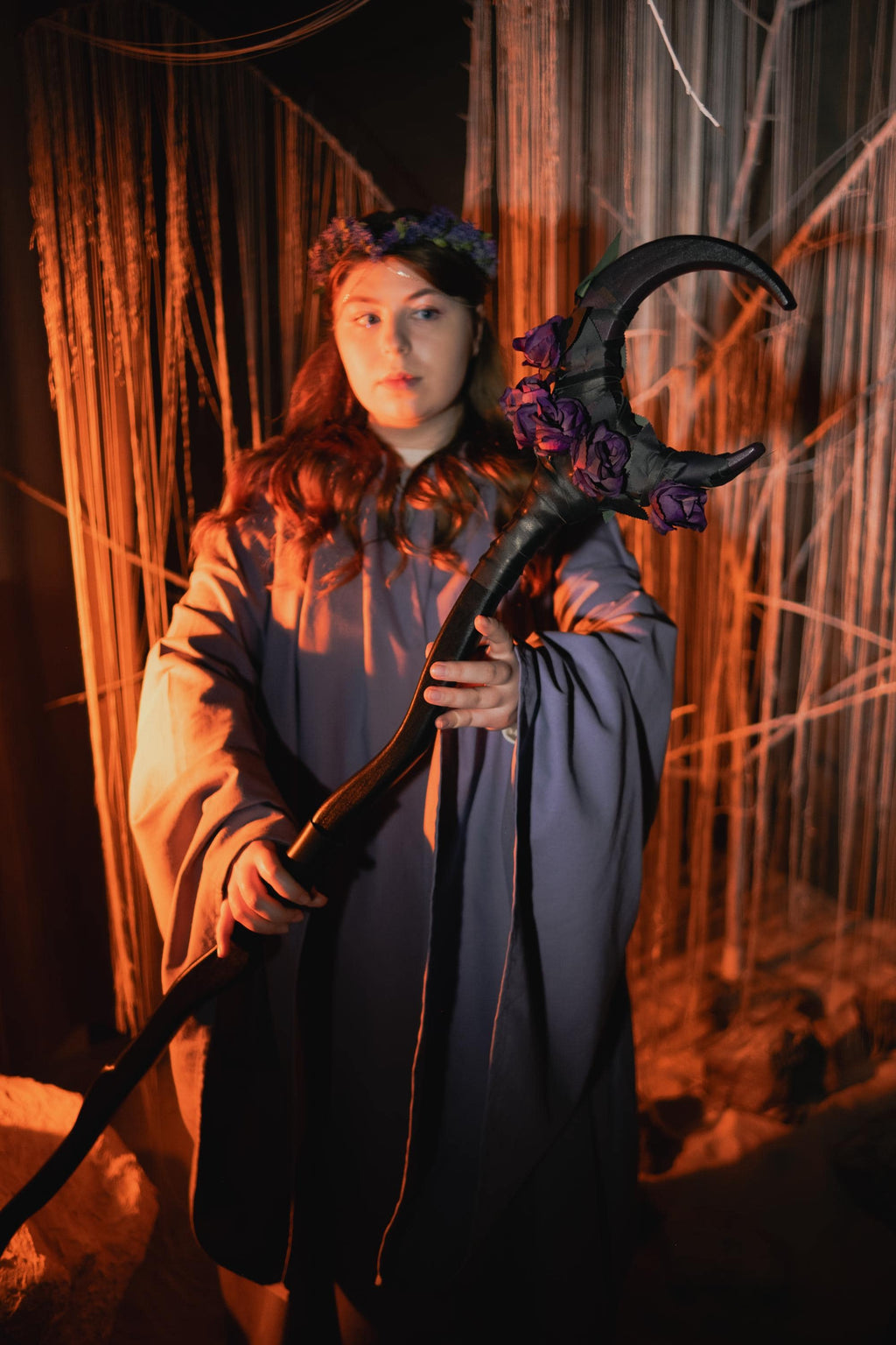 Floral Crescent Wood Staff – Wizard Staff The Velvet Eclipse, Moon Witch Staff, Handcrafted Cosplay Prop, Dark Rose