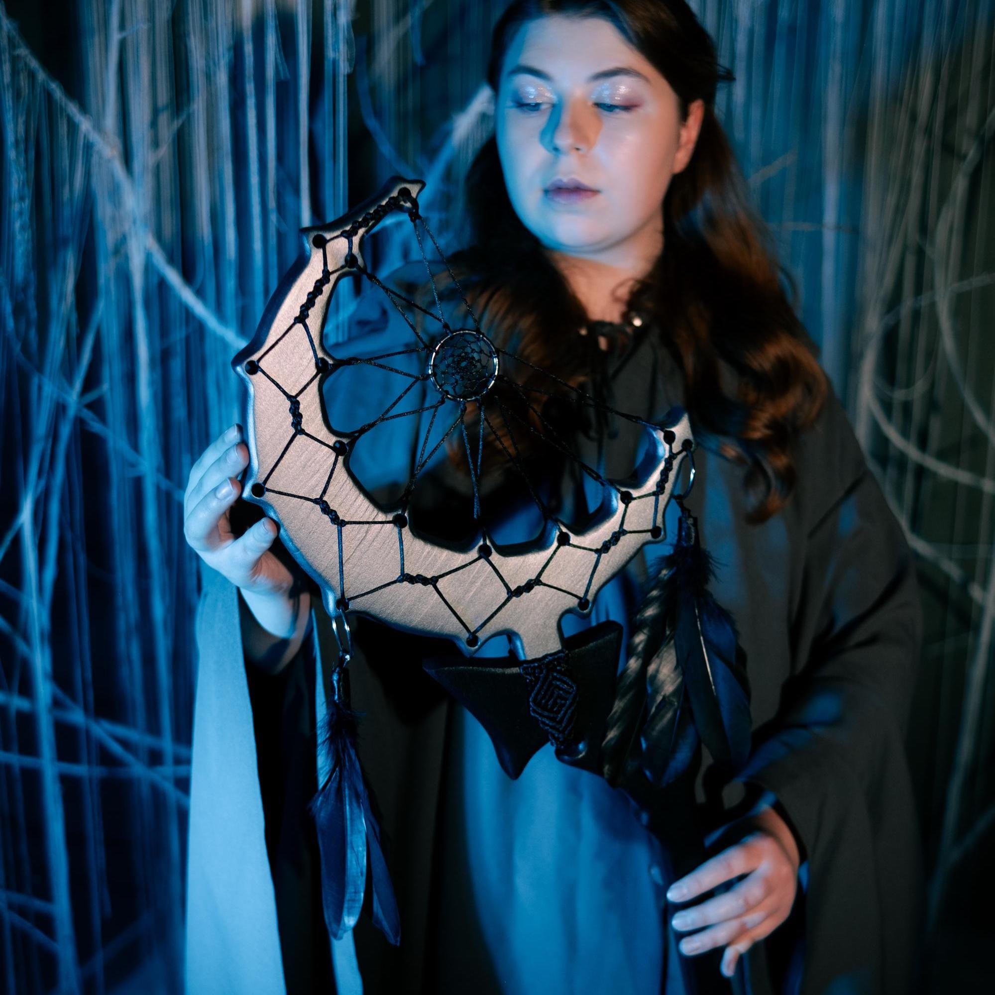 Lunar Dreamcatcher Staff – Handmade Silver Moon, Black Crescent Ritual Prop, Accessory with Feathers & Web, Costume Accessories, Macrame Art