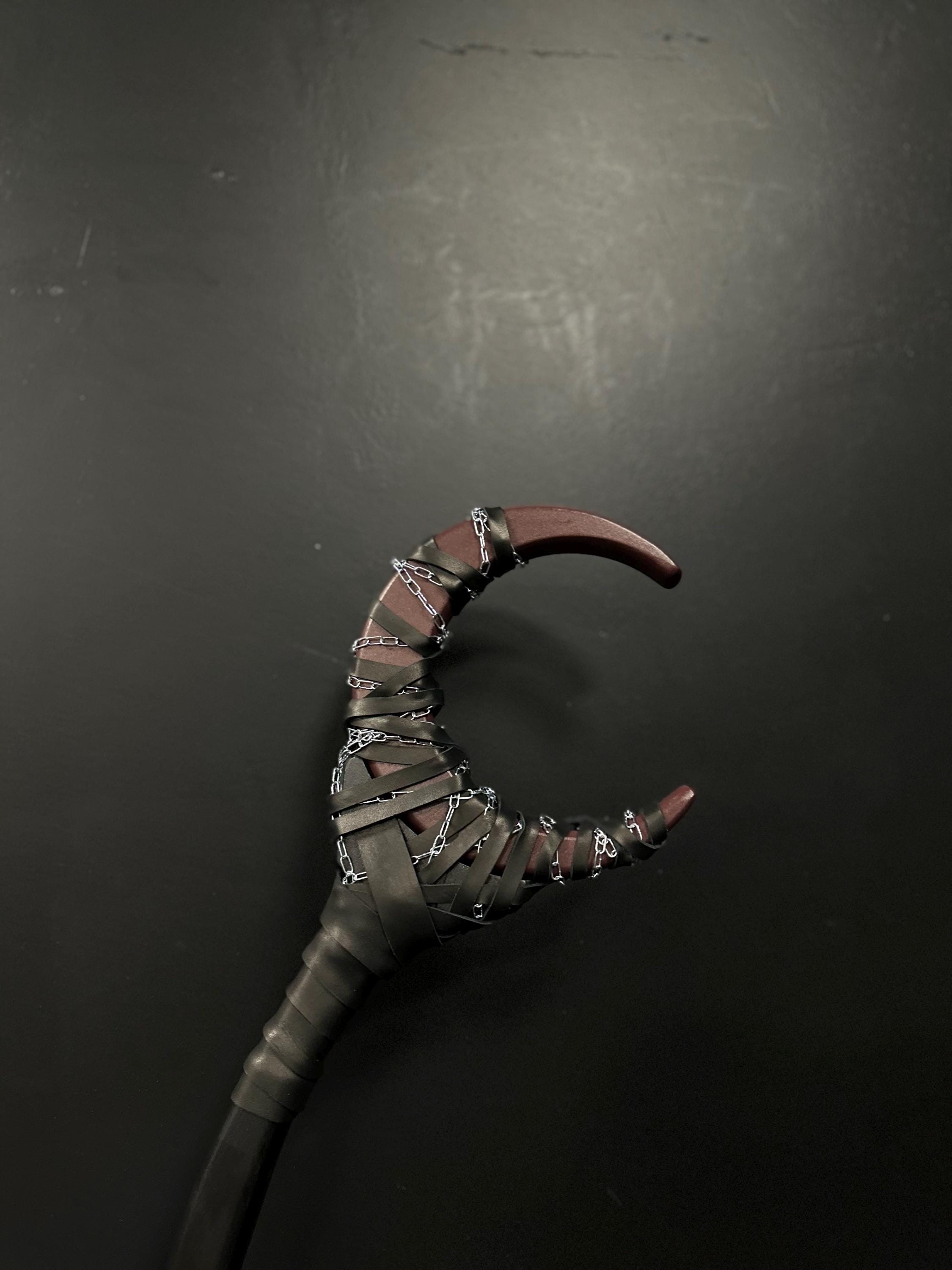 Dark Plum Shadow Moon Staff with Chain – Handcrafted Wizard Prop, Wiccan Cosplay Wand, Mystic Alder Wood Accessory