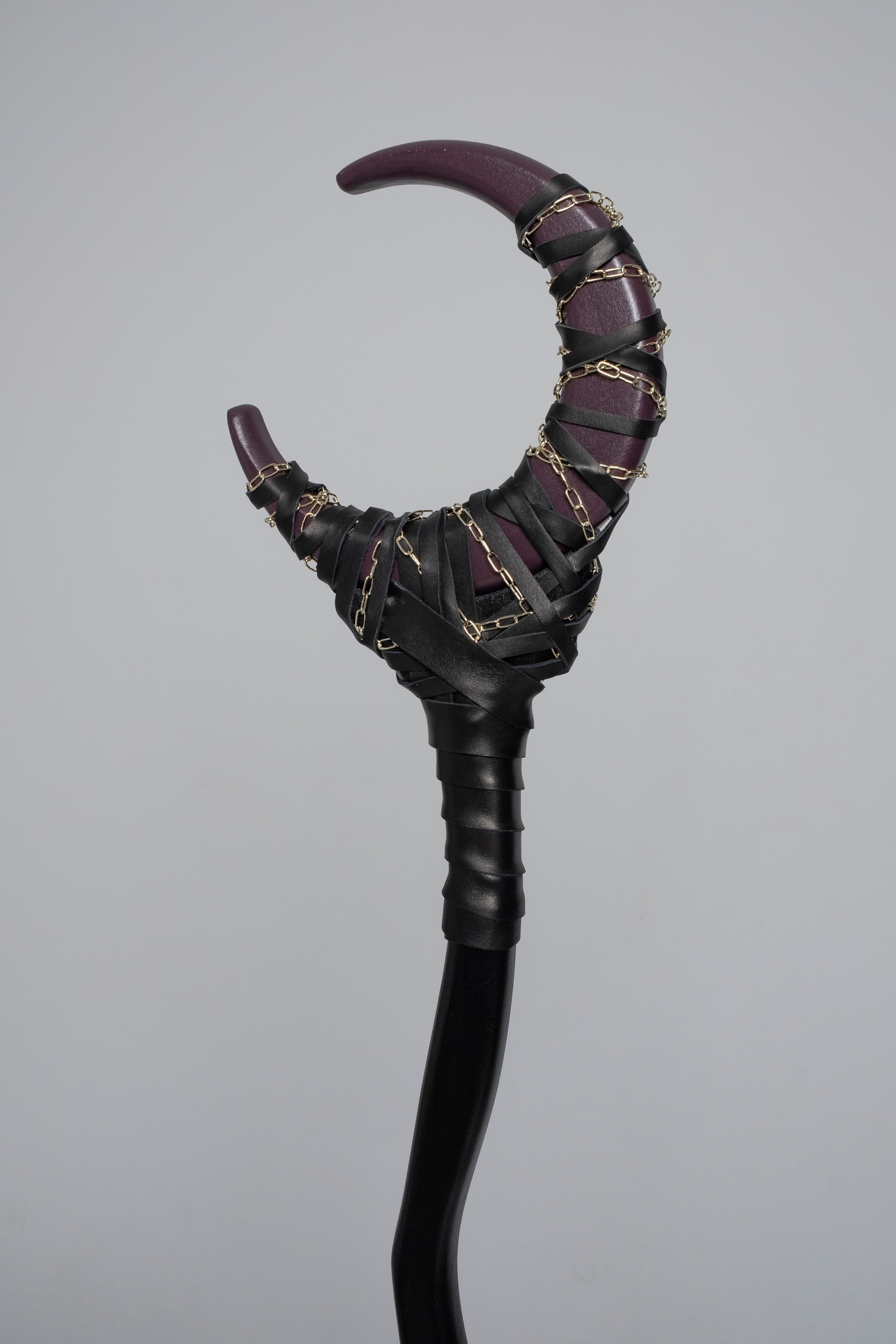 Detail of Dark Plum Shadow Chained Crescent Moon Staff with chain and dark mystical finish