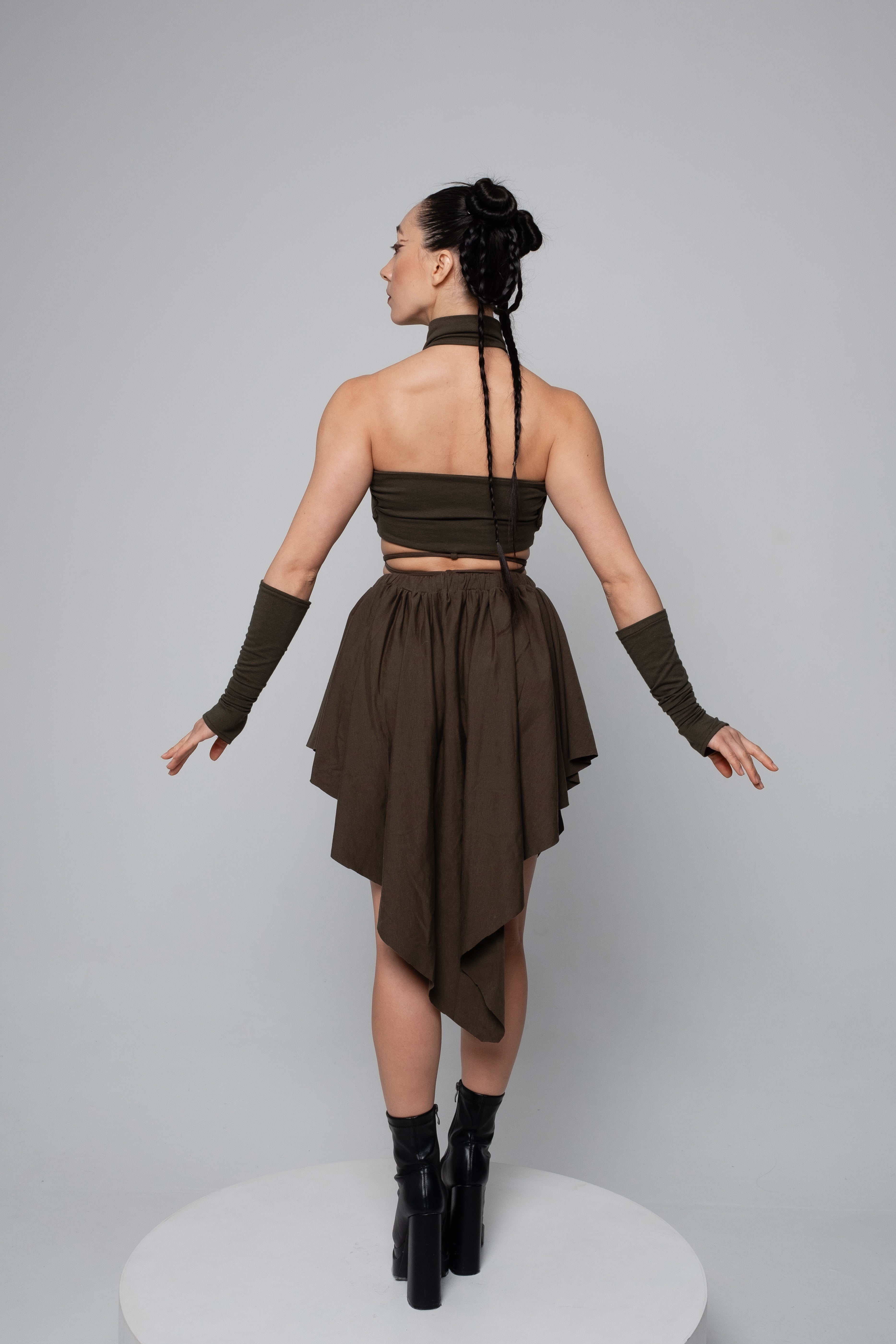 Rave Outfit Set – Flowing Artwear Costume, Minimalist Fantasy Clothing, Khaki Black Silver