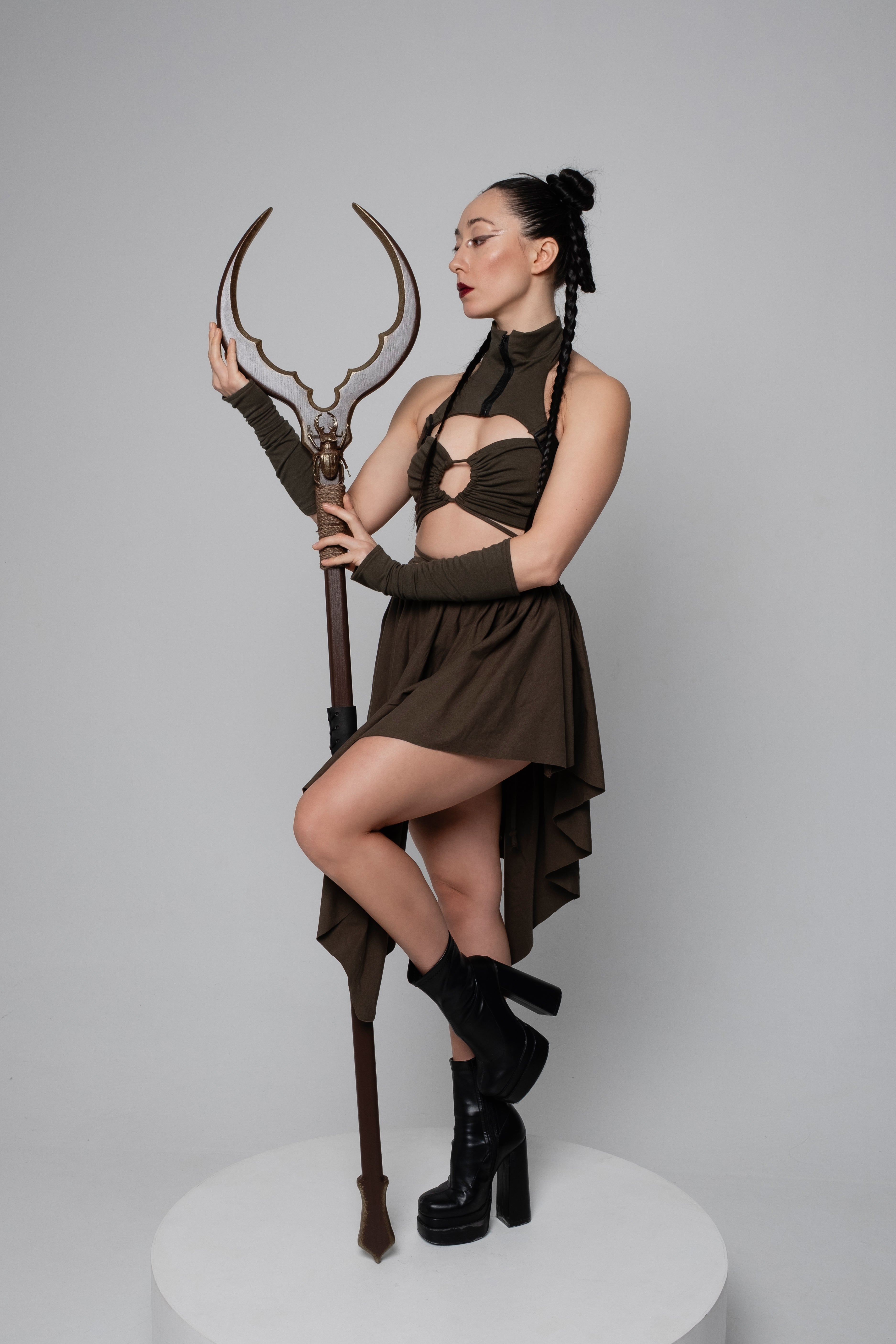 Rave Outfit Set – Flowing Artwear Costume, Minimalist Fantasy Clothing, Khaki Black Silver