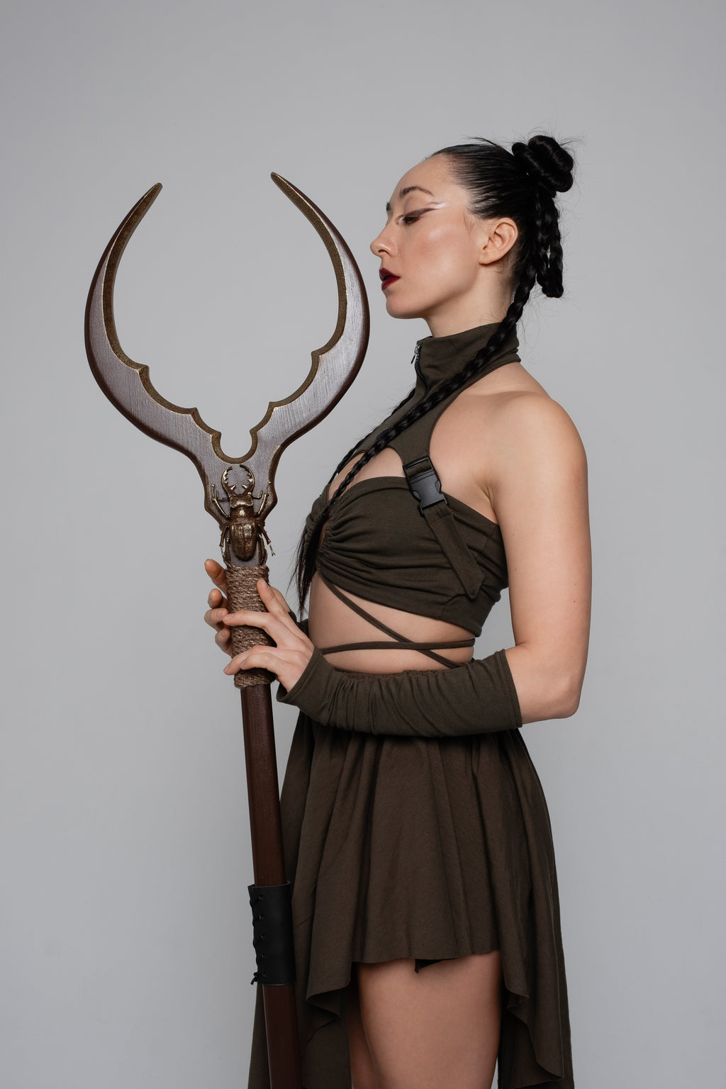 Rave Outfit Set – Flowing Artwear Costume, Minimalist Fantasy Clothing, Khaki Black Silver