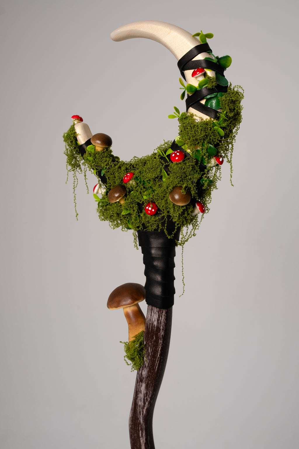 Mossryn Crescent Moon Staff handmade for forest-inspired fantasy styling
