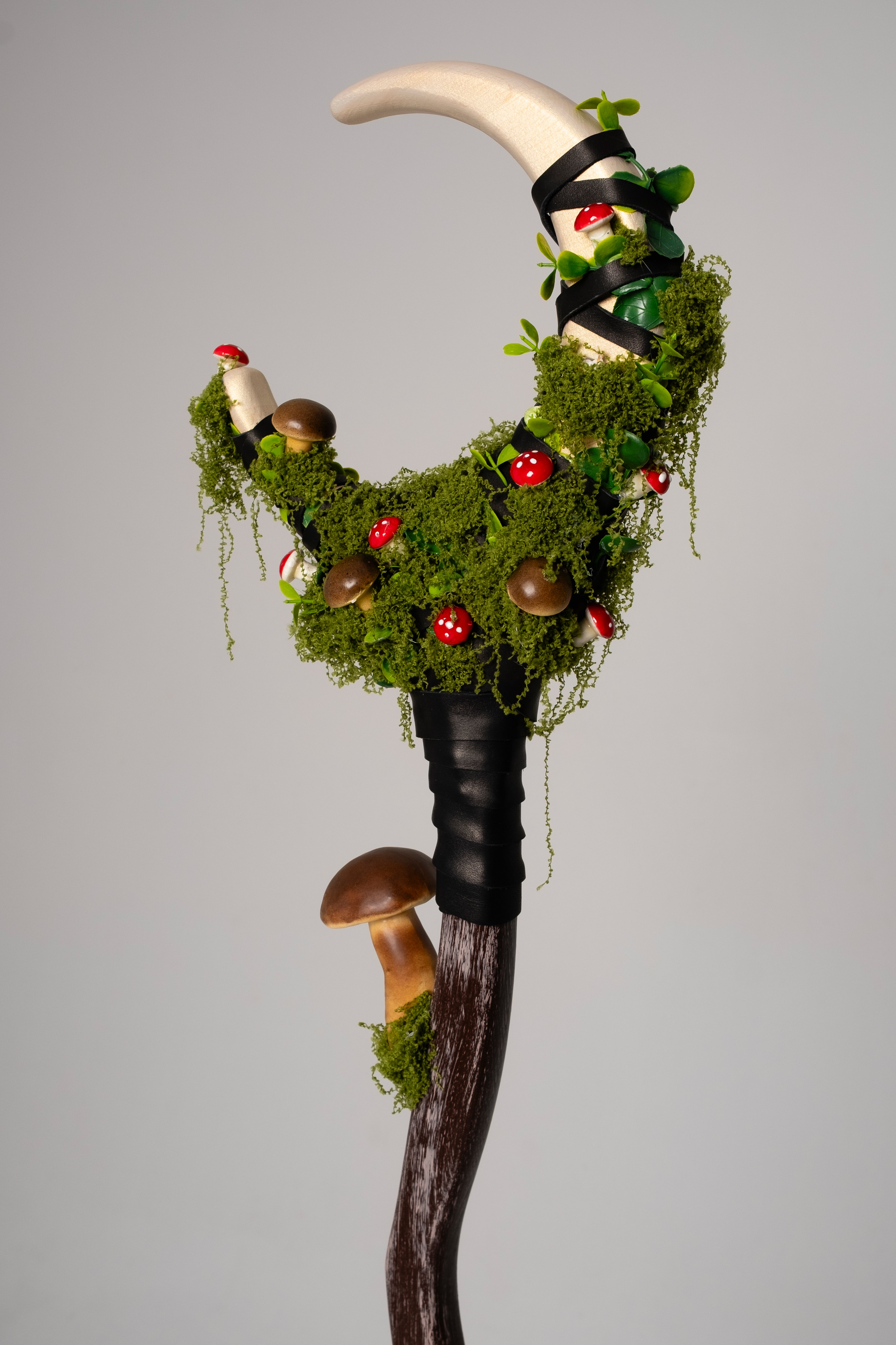 Mossryn Crescent Moon Staff handmade for forest-inspired fantasy styling
