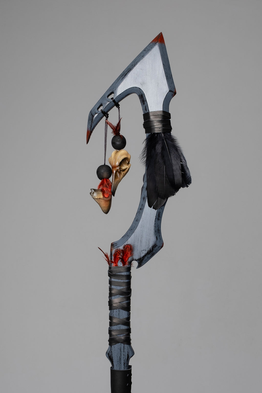 Dark raven fantasy staff with natural feathers and wooden beads