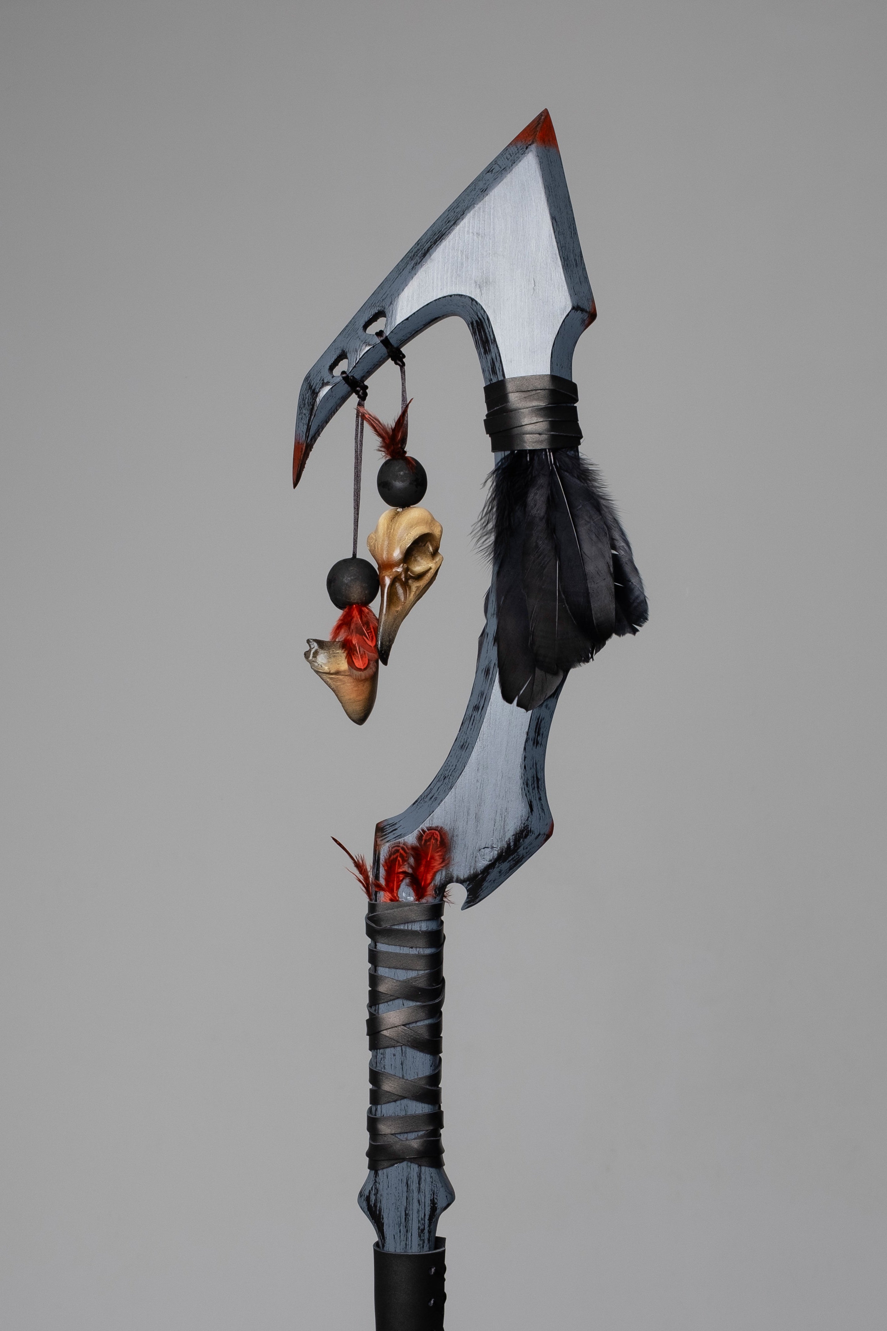 Dark raven fantasy staff with natural feathers and wooden beads