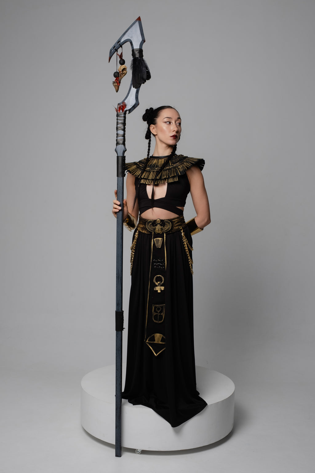 Handmade dark feathered staff for forest mage costume styling