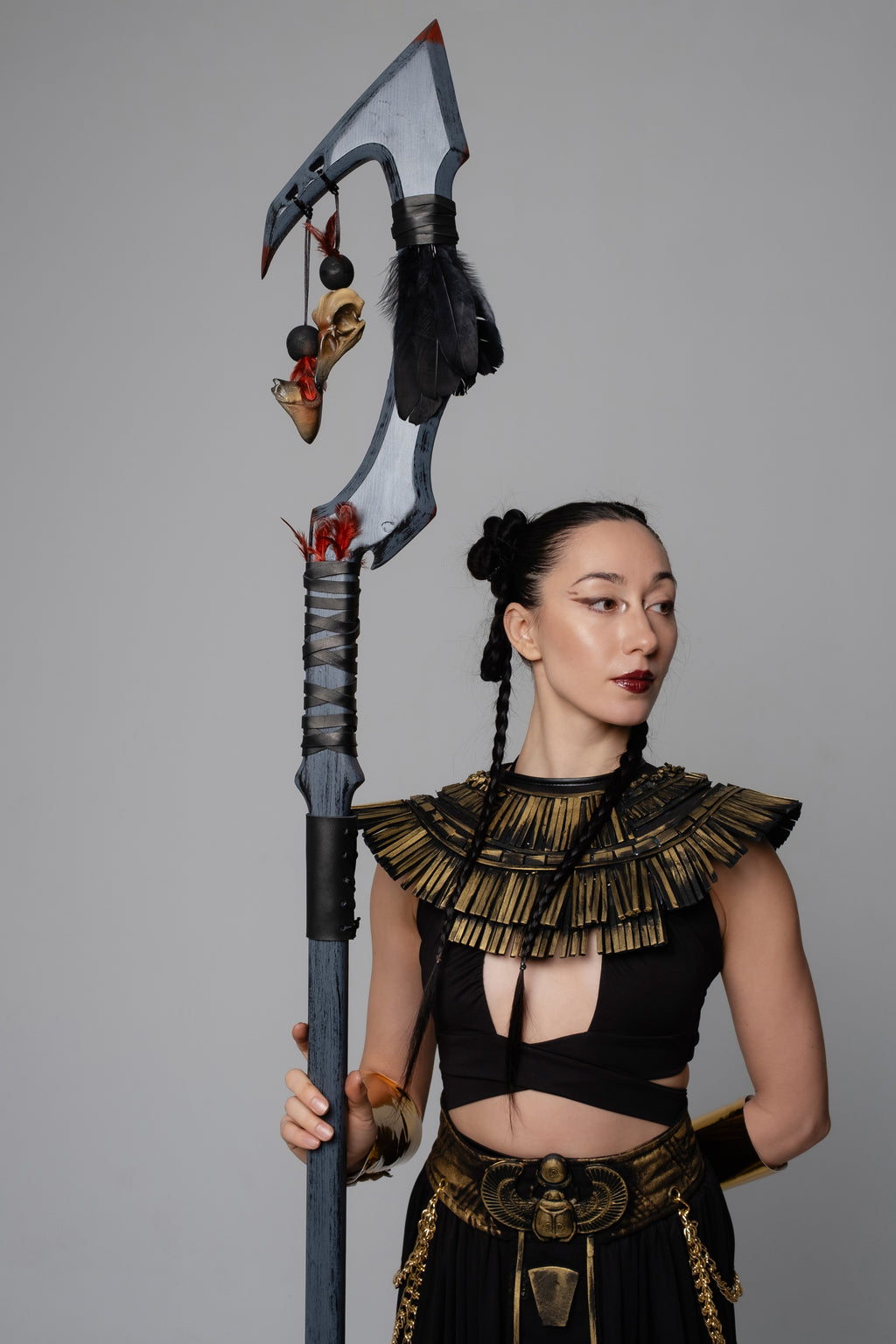 Raven Seer Staff with skull style details and leather wrap accents