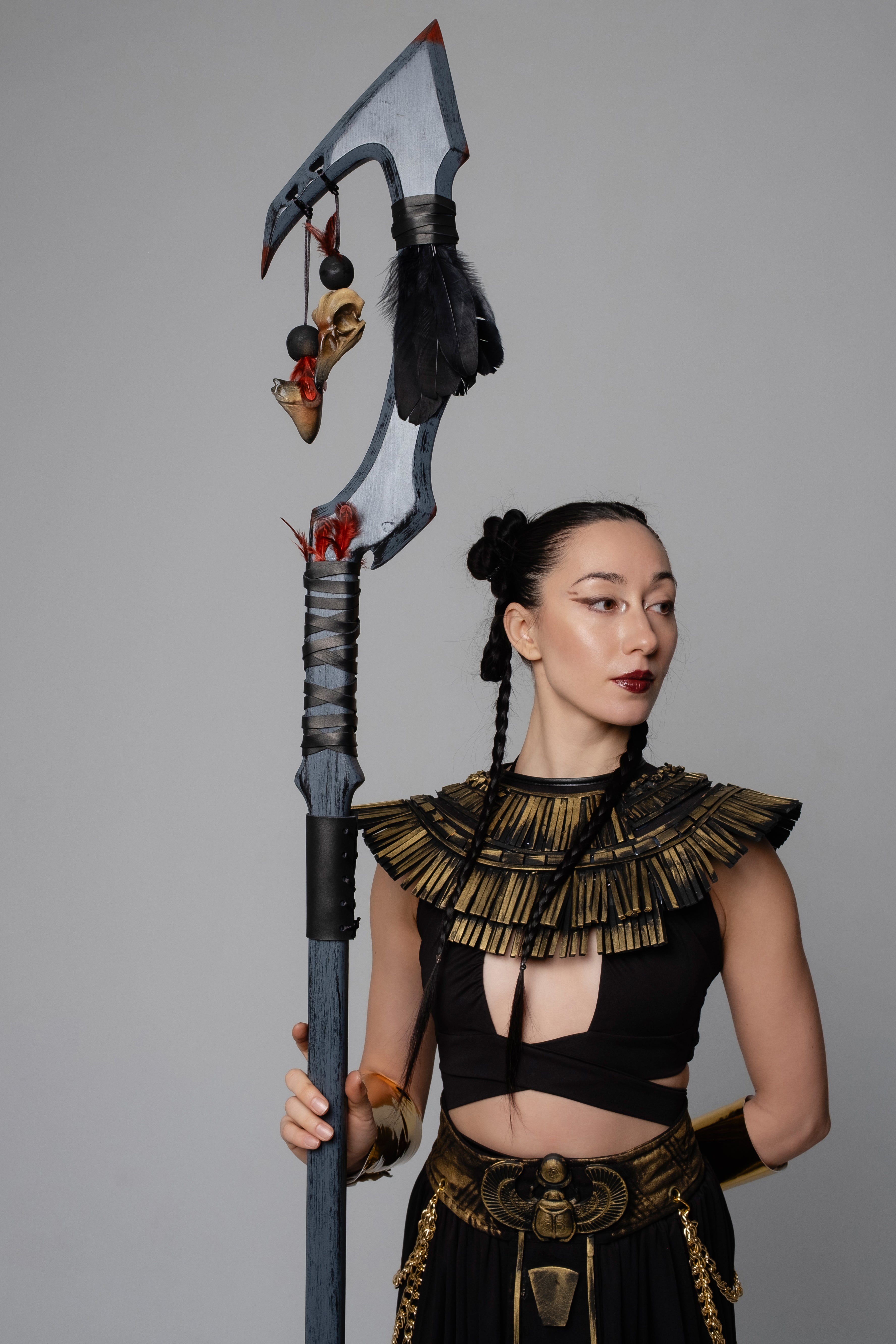 Raven Seer Staff with skull style details and leather wrap accents