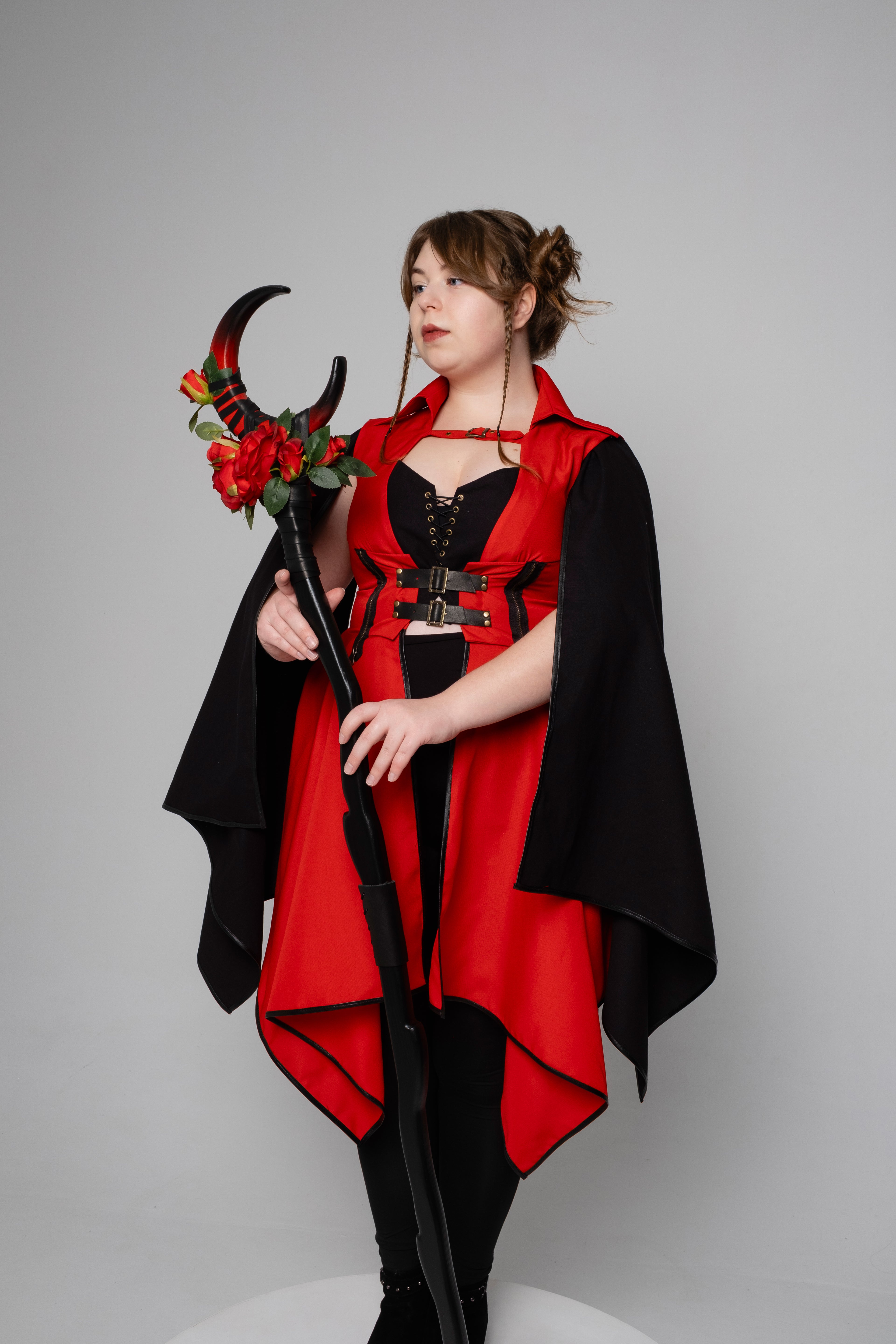 Midnight Rose Crescent Moon Staff with black and crimson rose design