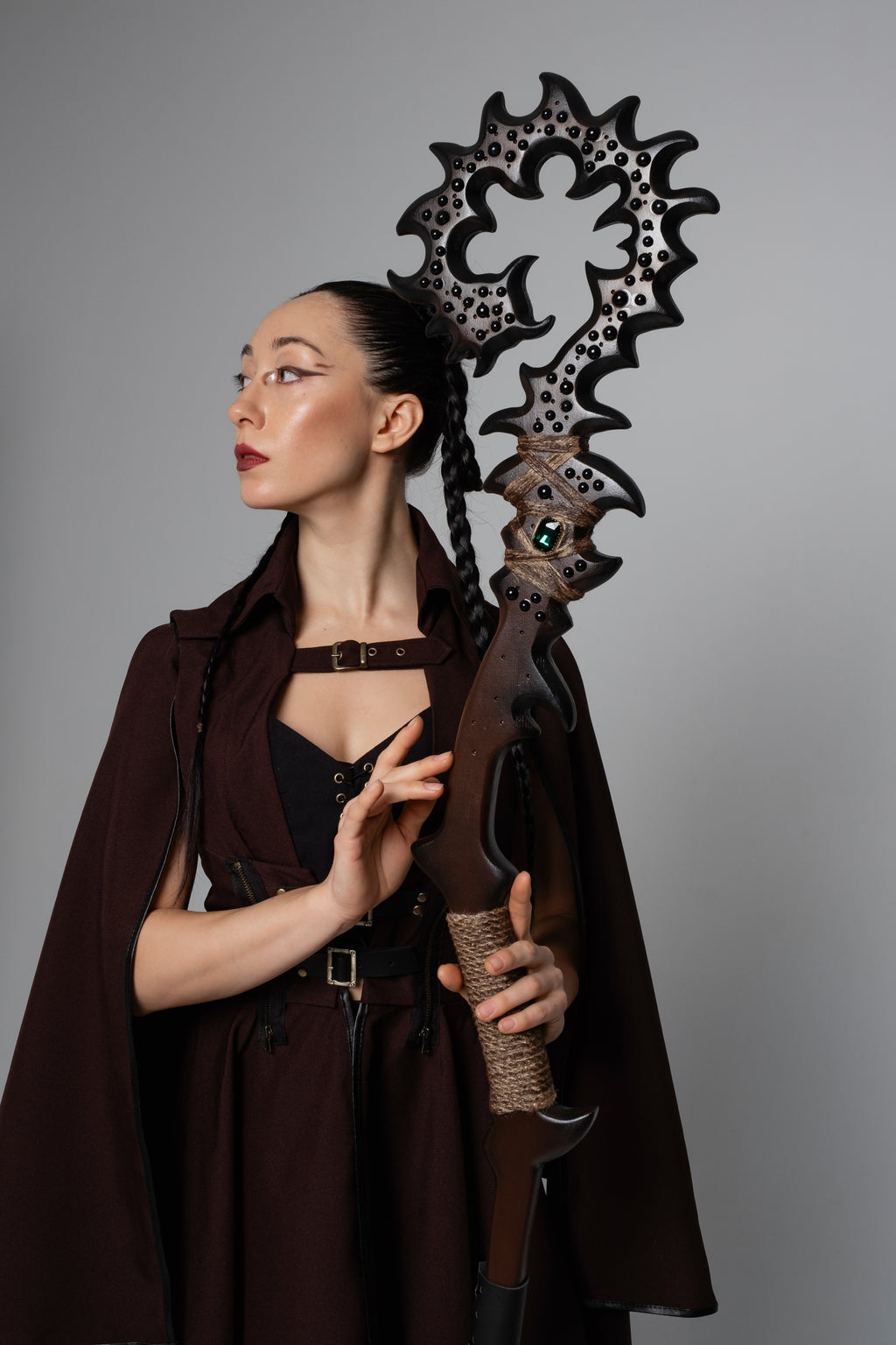 Shadowroot Relic handmade wooden fantasy staff with dark carved top and crystal accent