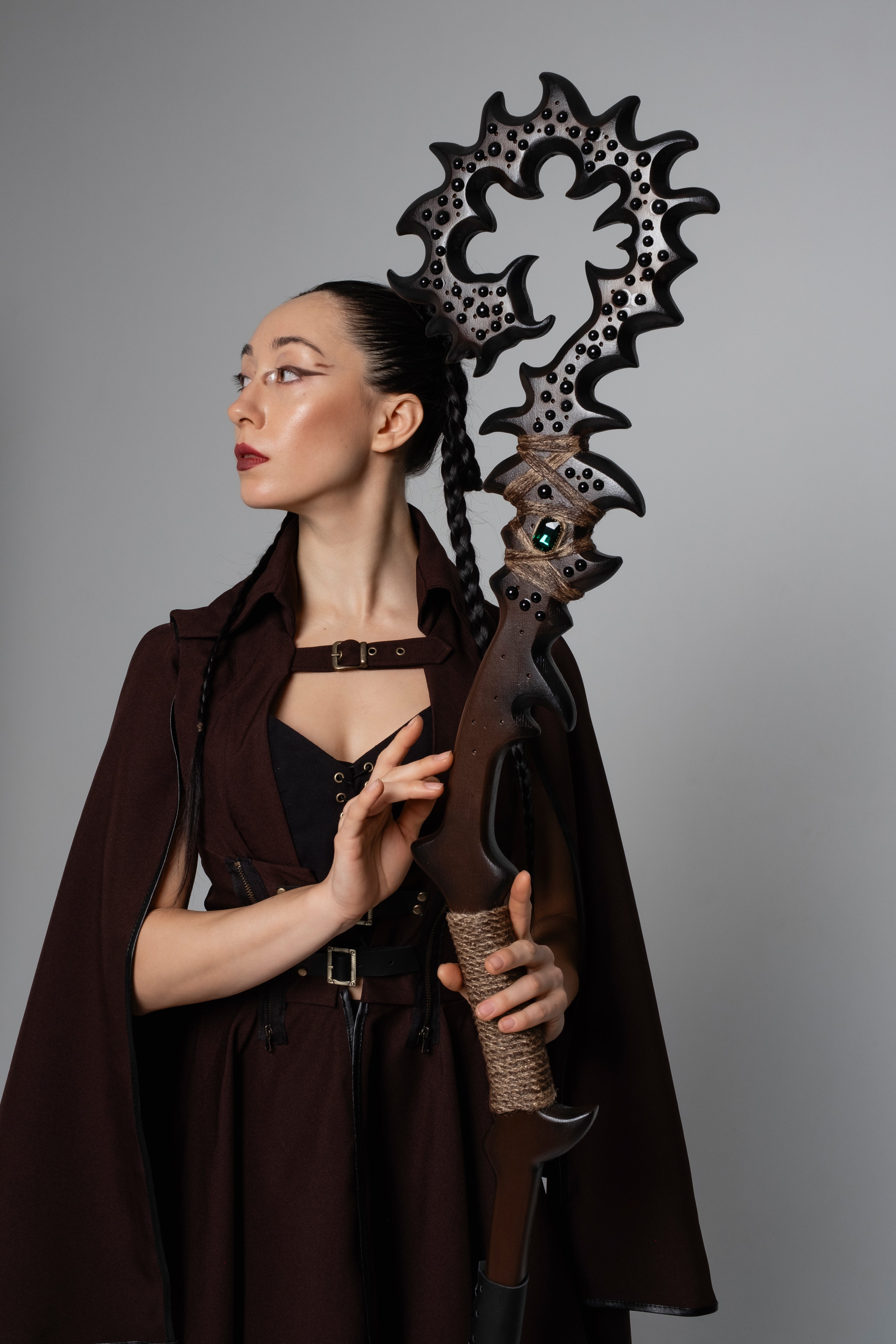 Shadowroot Relic handmade wooden fantasy staff with dark carved top and crystal accent
