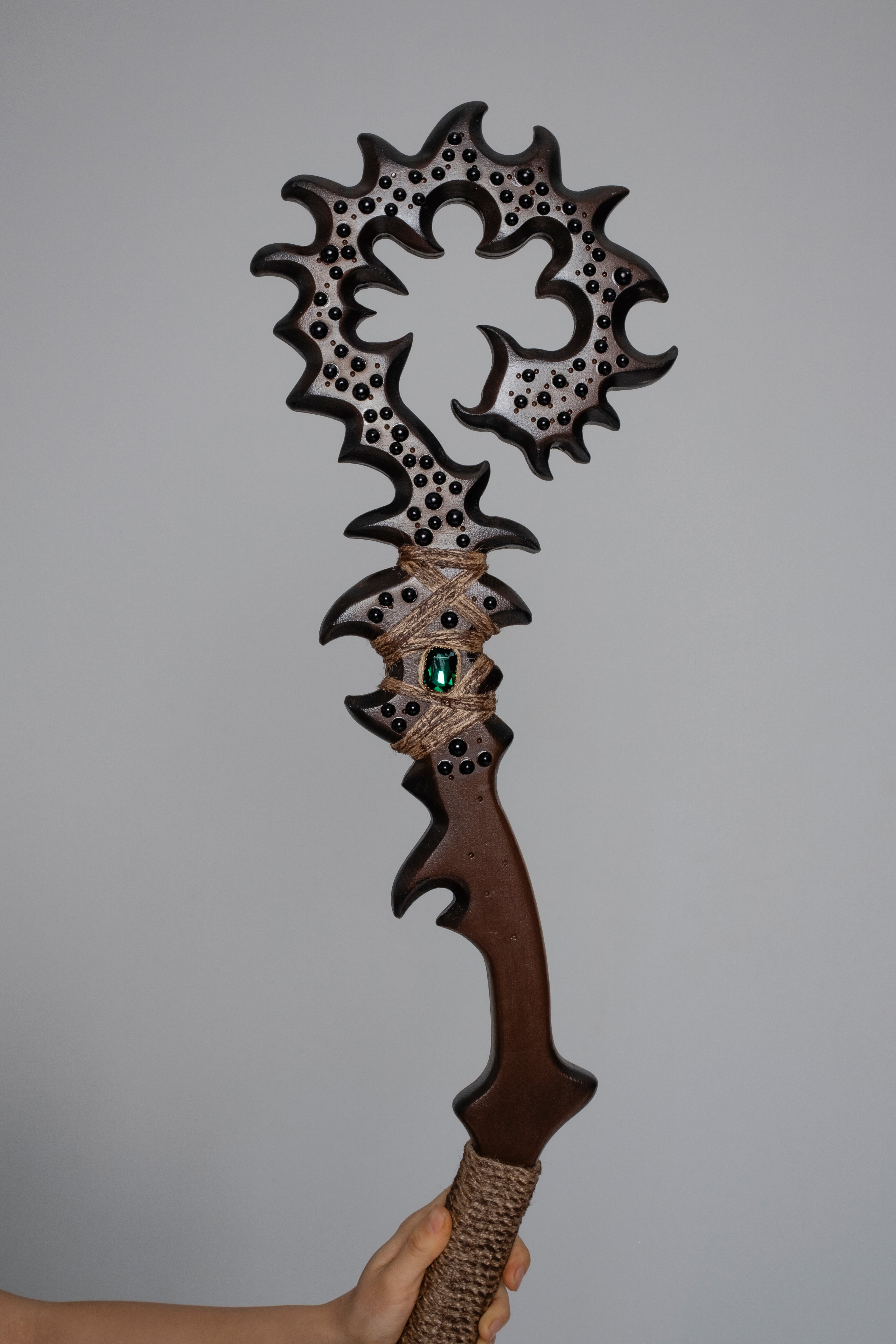 Full length handmade alder wood staff with ornate top and wrapped handle