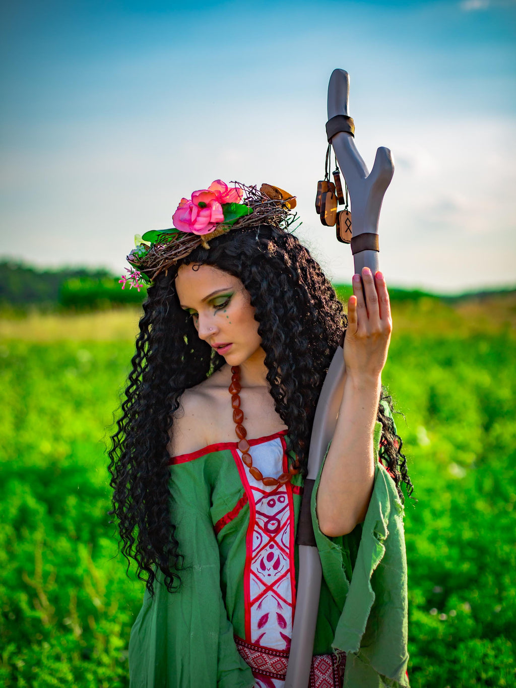 Staff of Runestones – Wooden Rune Staff, Druidic Forest Decor, Handcrafted Magical Prop, Nature Symbol Cane