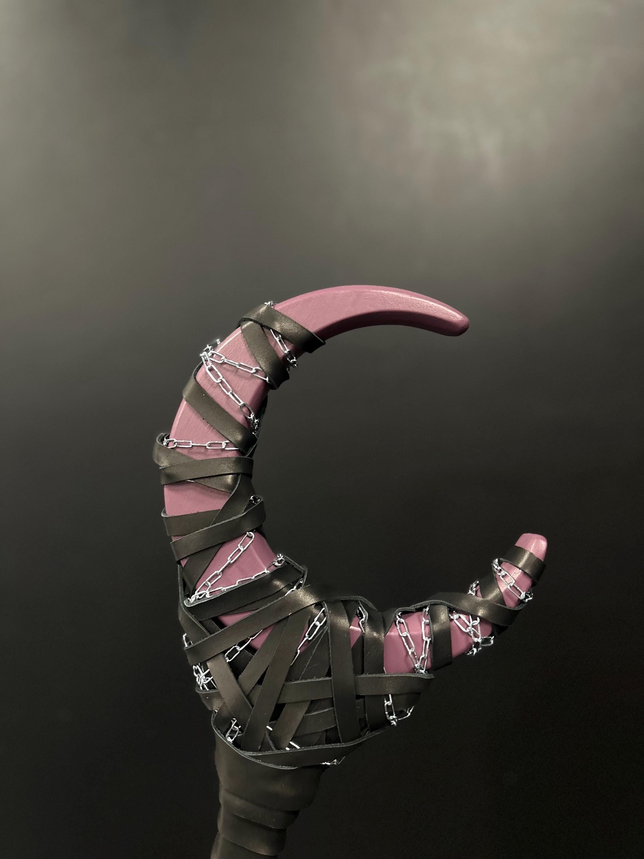 Plum Color Crescent Moon Staff – Wooden Wizard Staff for Cosplay, Rituals and Fantasy Display, Ritual Tool, Fantasy Prop, Alder Wood