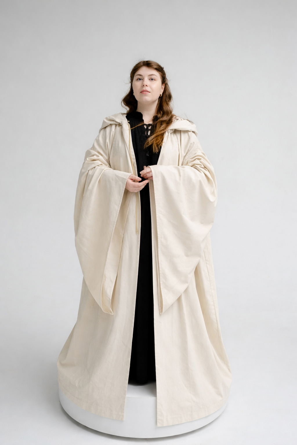 Light Ritual Cloak – Buttercream Linen Hooded Cape with Soft Natural Flow