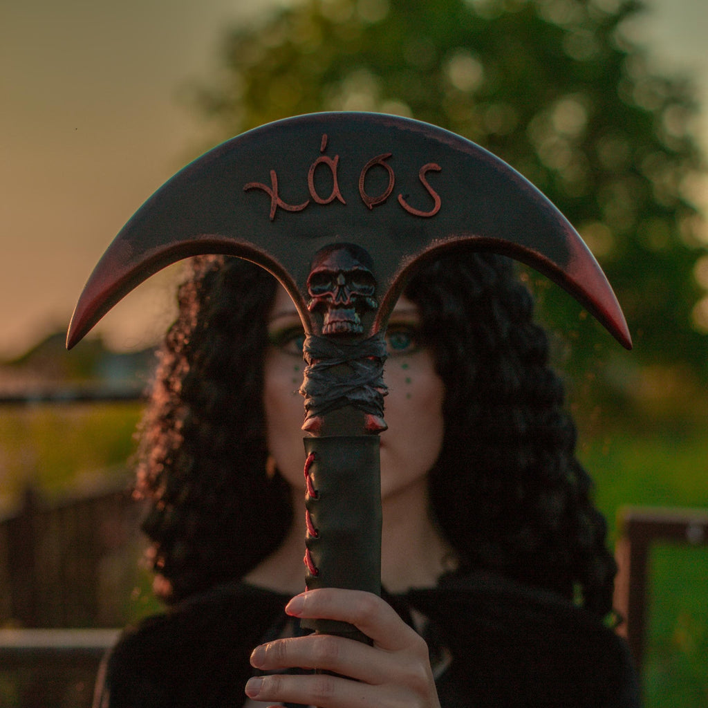 The Chaos Staff – Wooden Fantasy Staff, Dark Mystic Prop, Handcrafted Wizard Decor, Gothic Art Piece, Xaos Cosmic Ritual Staff