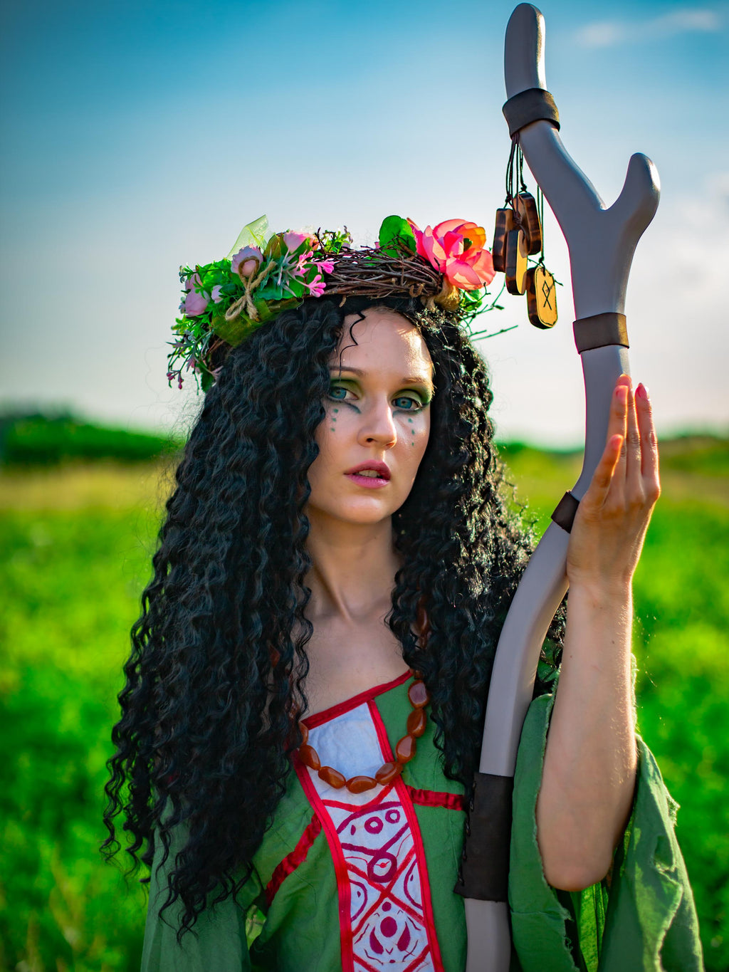 Staff of Runestones – Wooden Rune Staff, Druidic Forest Decor, Handcrafted Magical Prop, Nature Symbol Cane