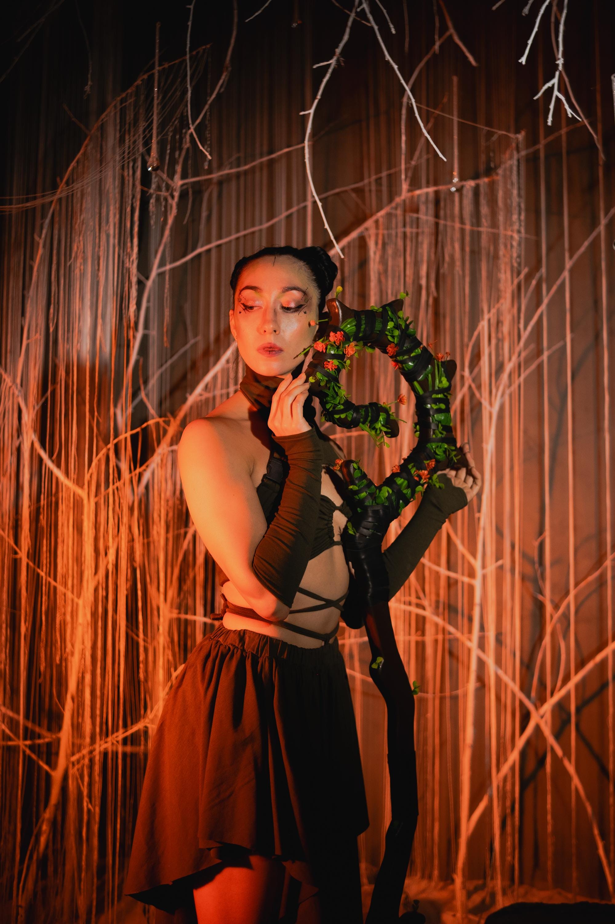 The Swamp Druid Staff with Red Flowers, Druid Сane, Wooden Fantasy Prop for Tiefling, Genasi Cleric, Wizard Costume