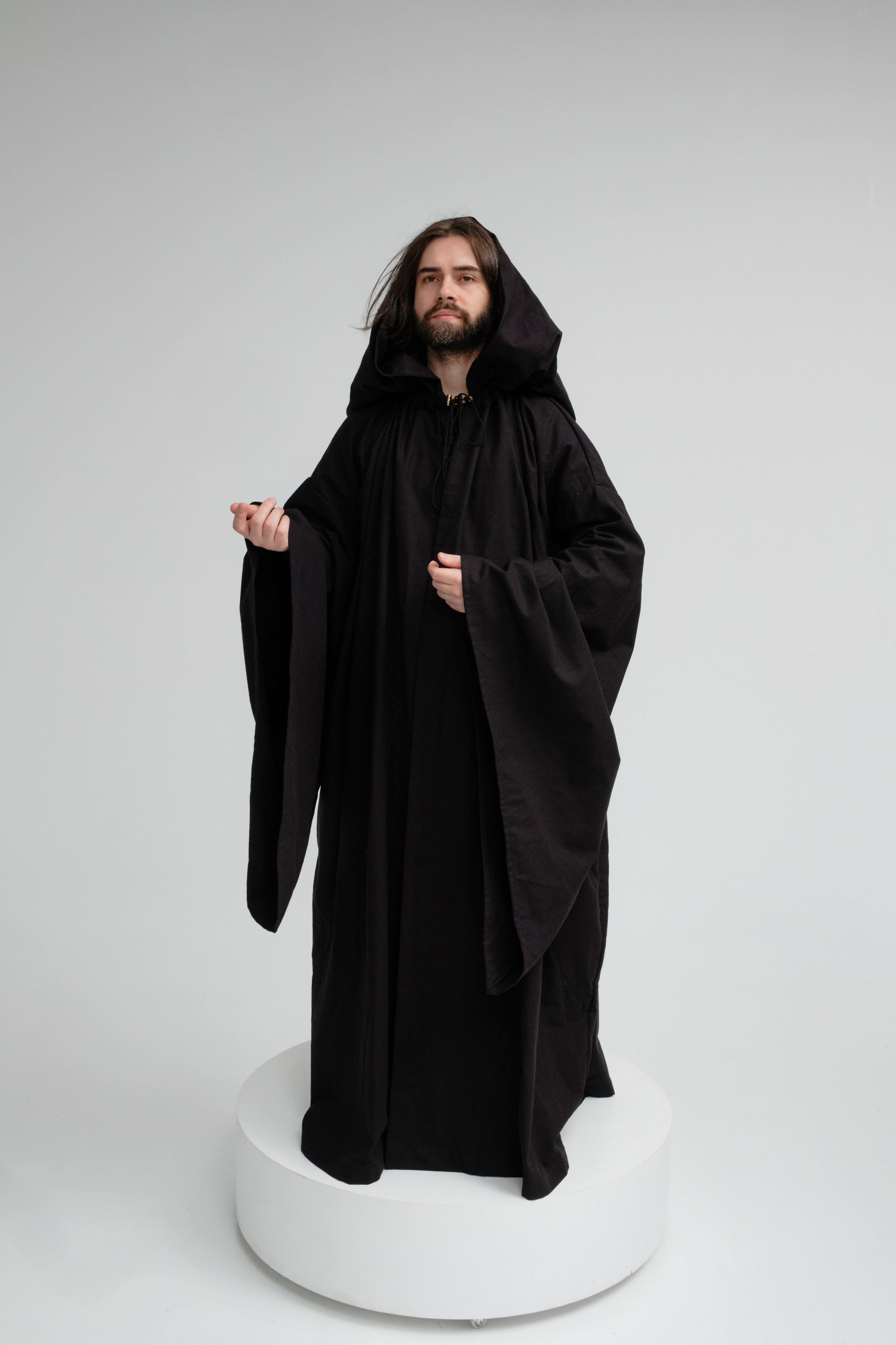 Handmade Raven Black Hooded Cloak – Dark Fantasy Wizard Cape
