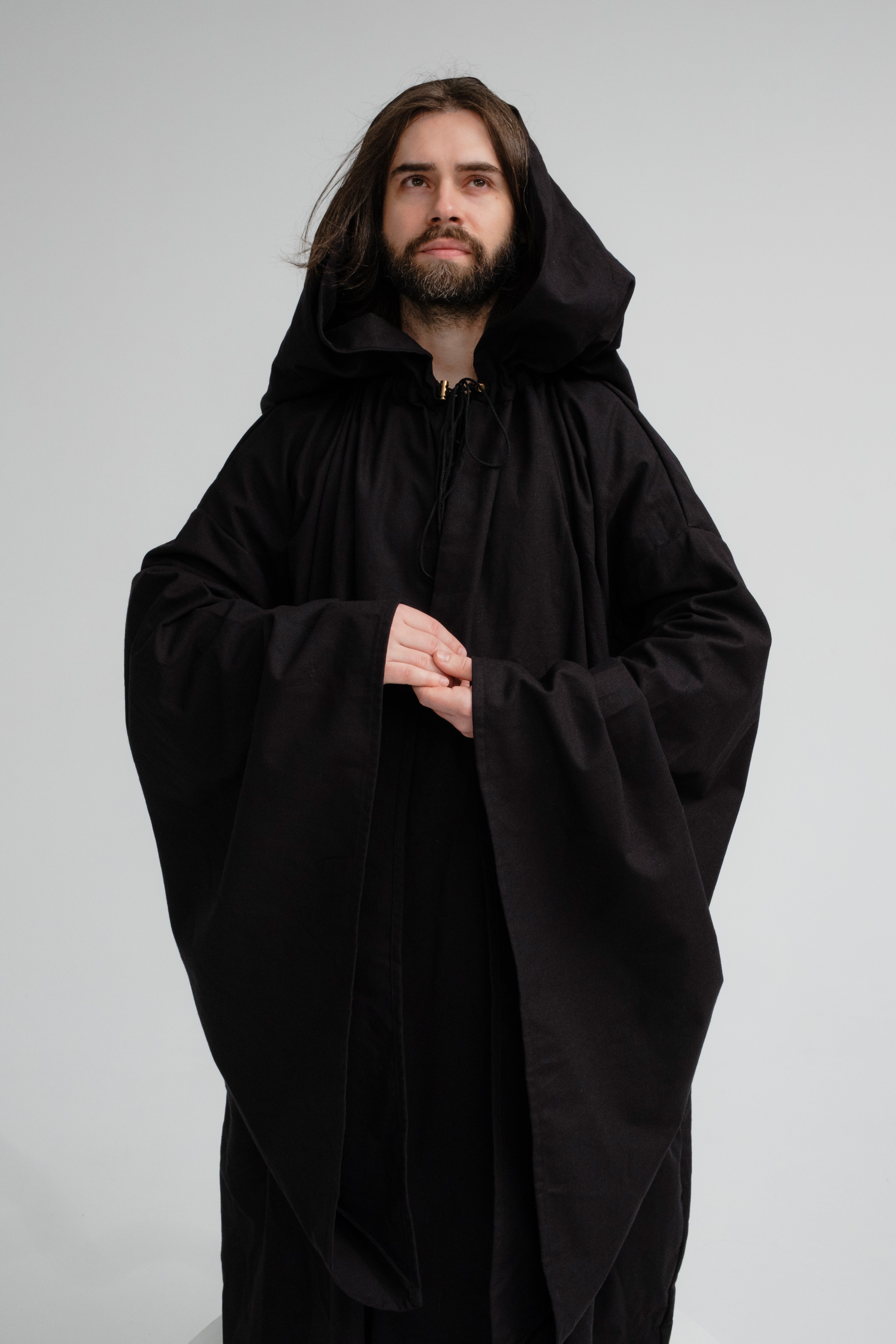 Handmade Raven Black Hooded Cloak – Dark Fantasy Wizard Cape